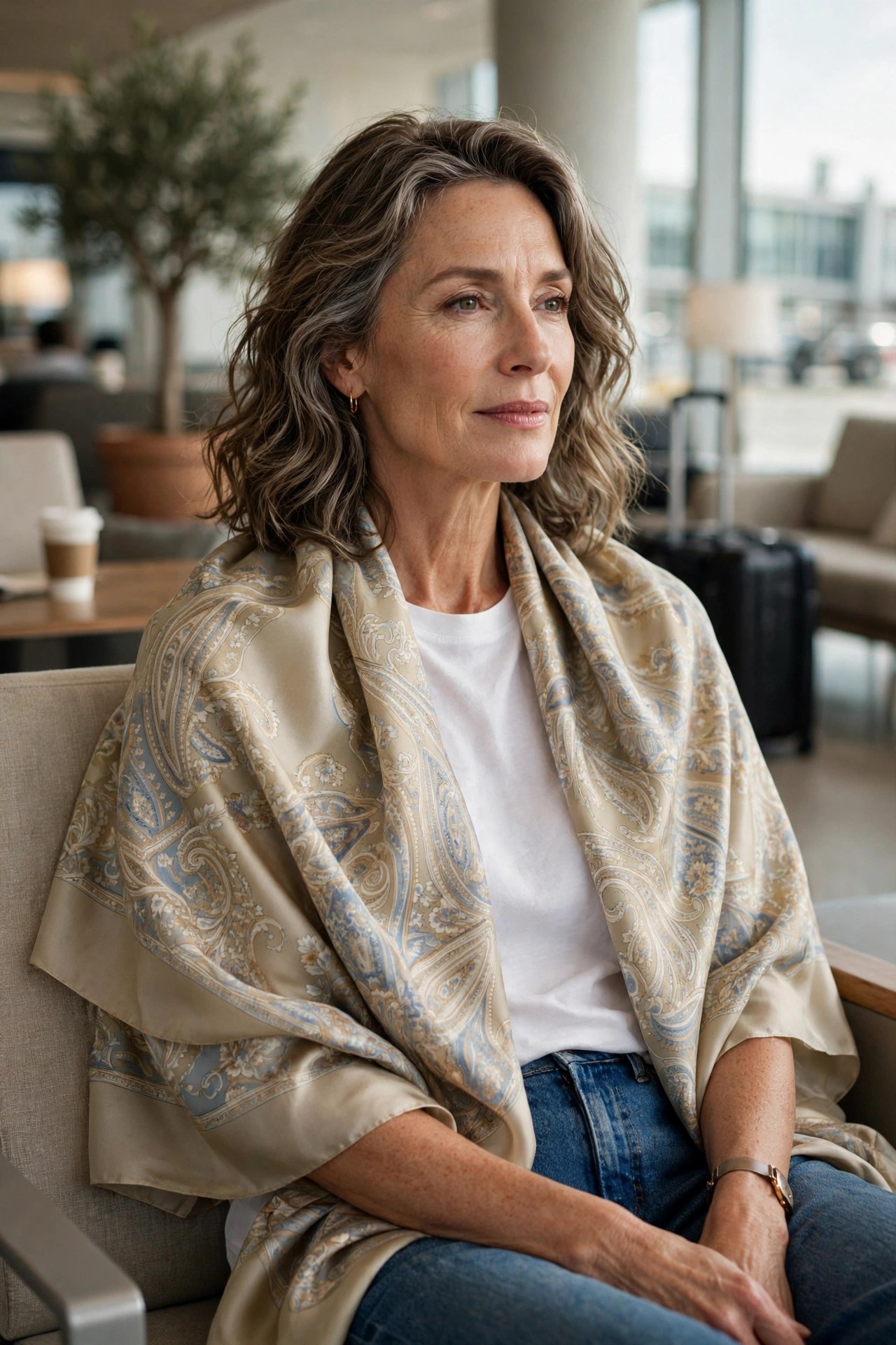 Woman over 50 at the airport wearing an oversized silk scarf as a travel wrap