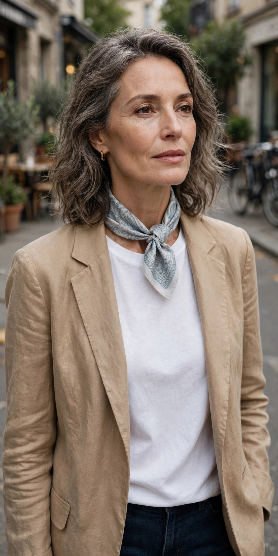 Woman over 50 wearing jeans and a blazer with a silk neckerchief