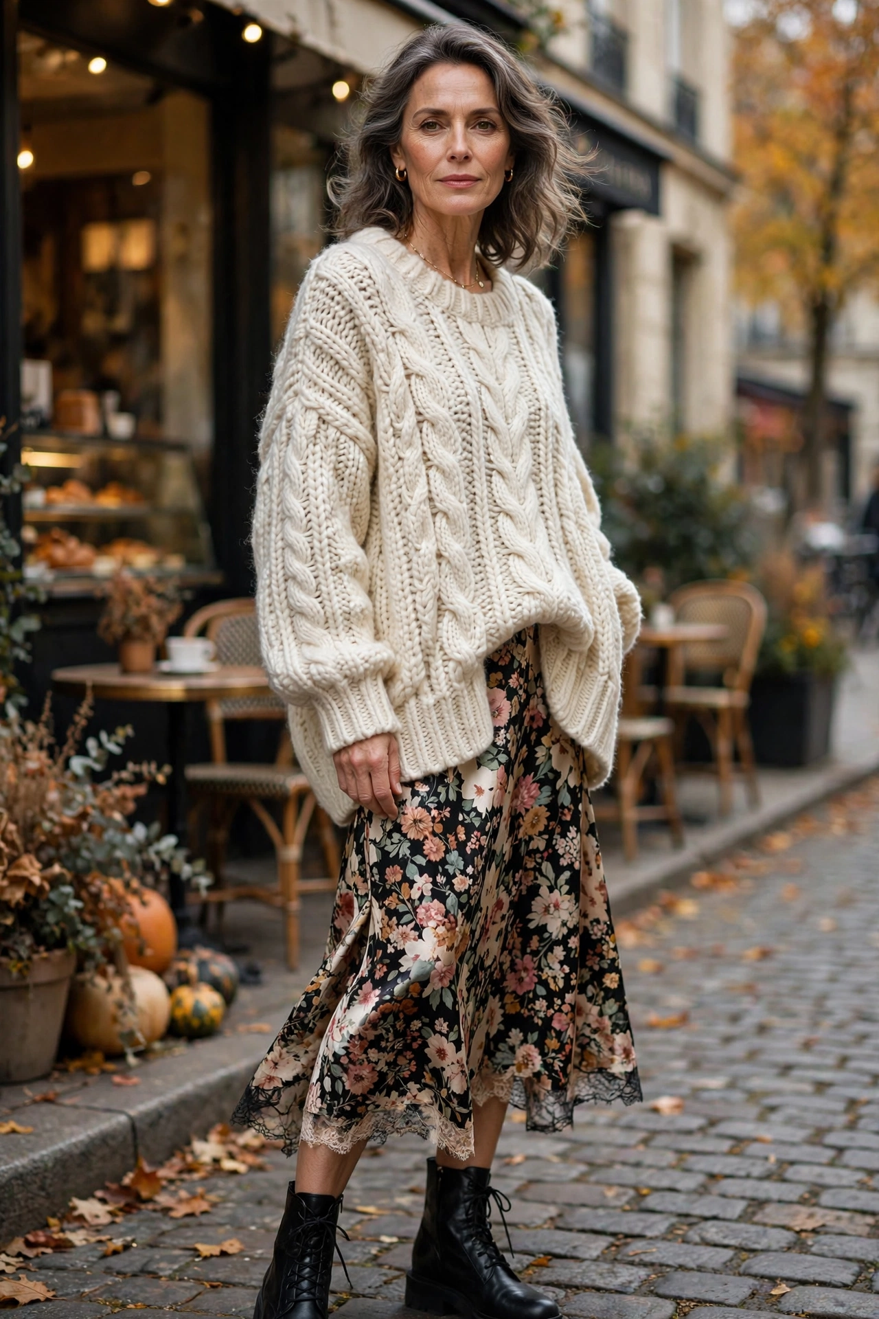 Woman over 50 wearing a floral slip dress under an oversized cream cable-knit sweater with ankle boots
