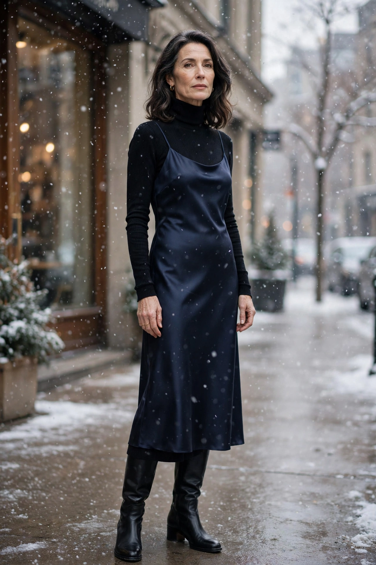 Woman over 50 wearing a navy slip dress over a black turtleneck with knee-high boots in the snow