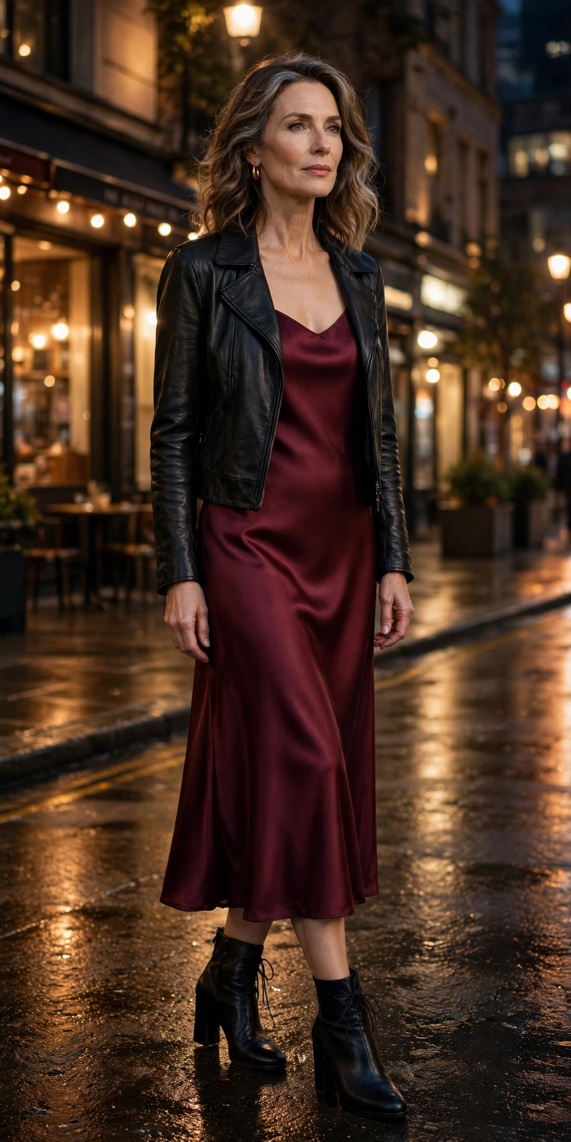 Woman over 50 wearing a burgundy slip dress with a black leather jacket and heeled ankle boots at night