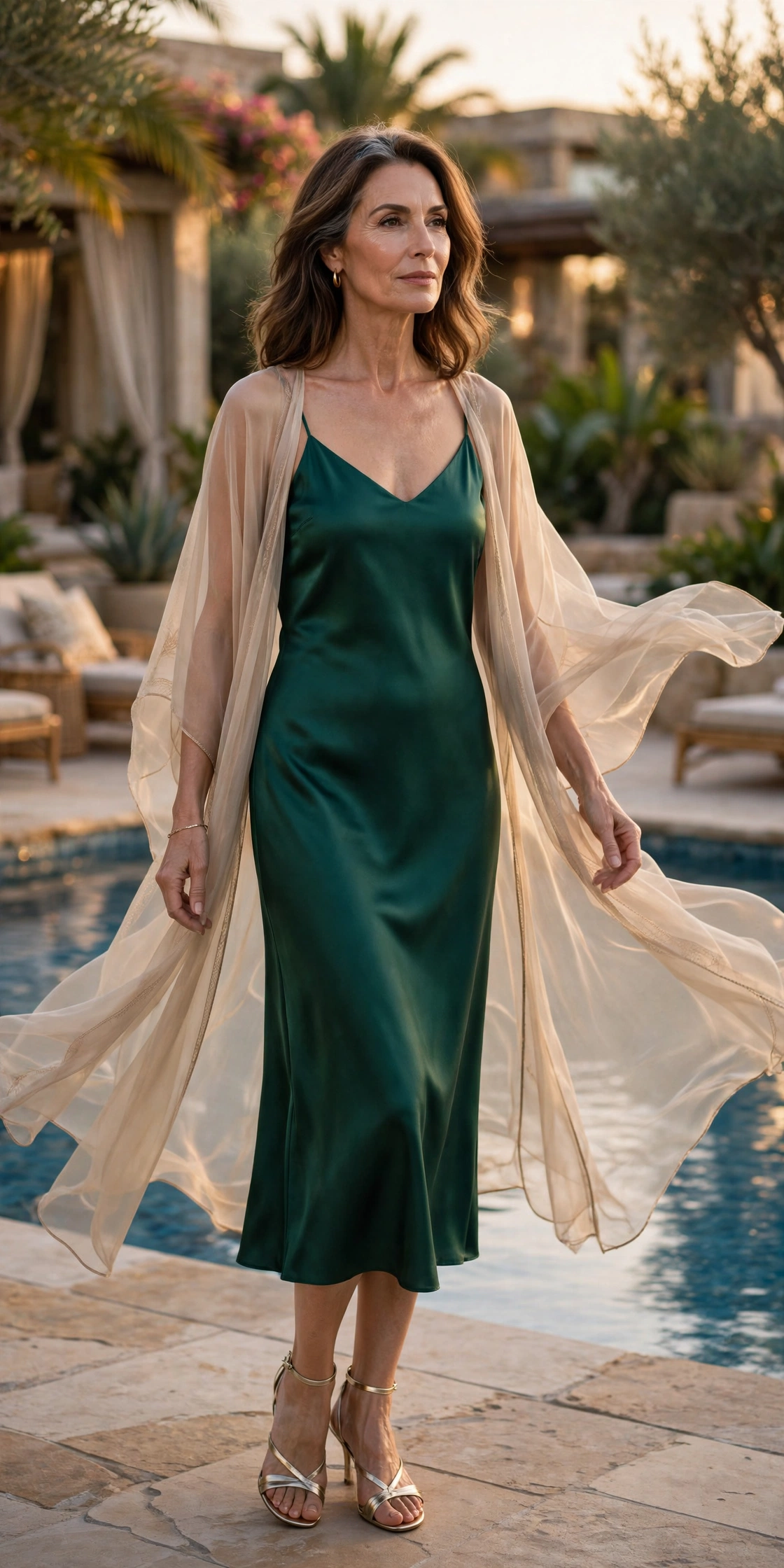 Woman over 50 wearing an emerald slip dress with a sheer champagne duster at a resort poolside