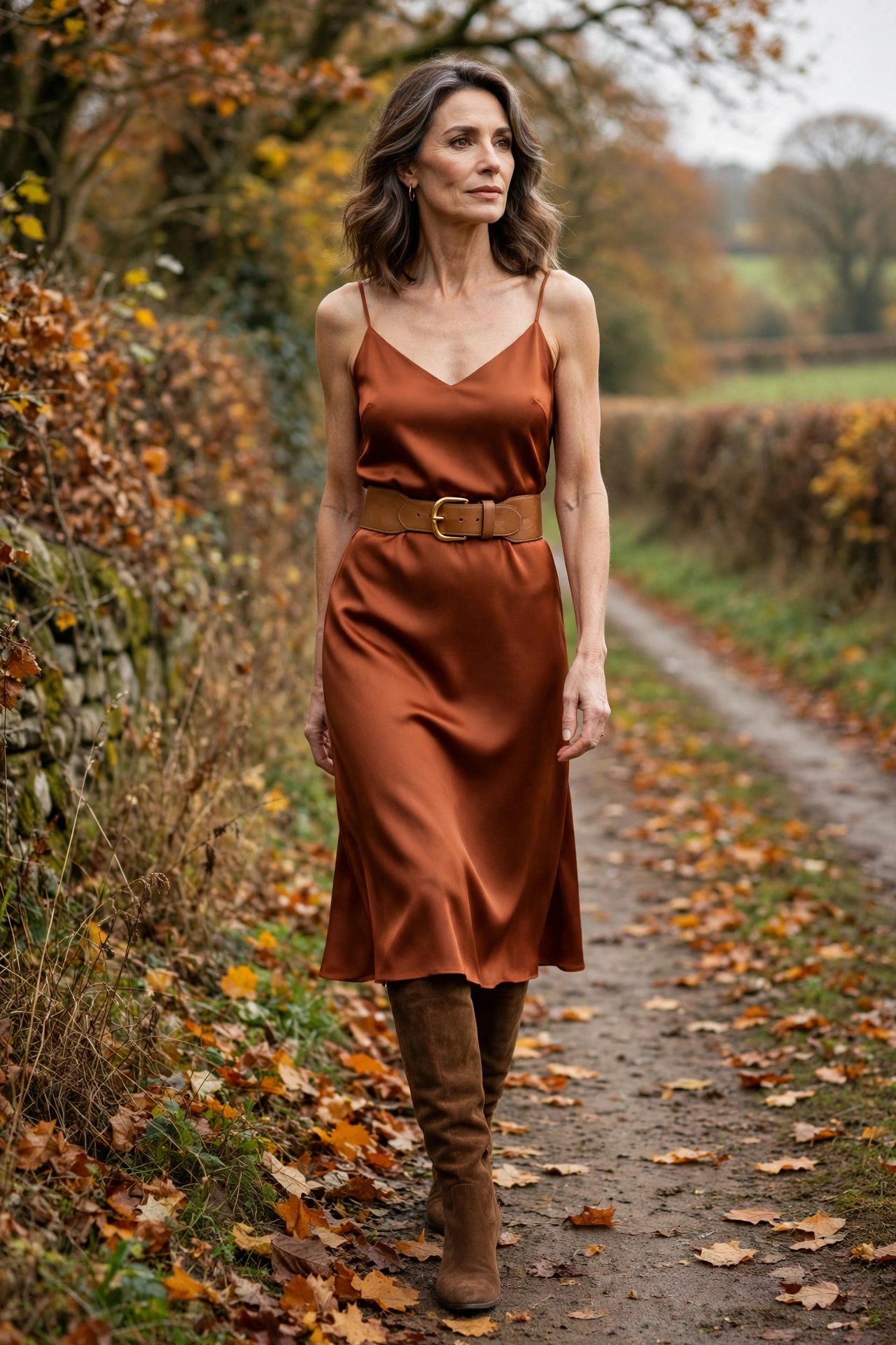 Woman over 50 wearing a rust slip dress belted with a tan belt and tall brown suede boots