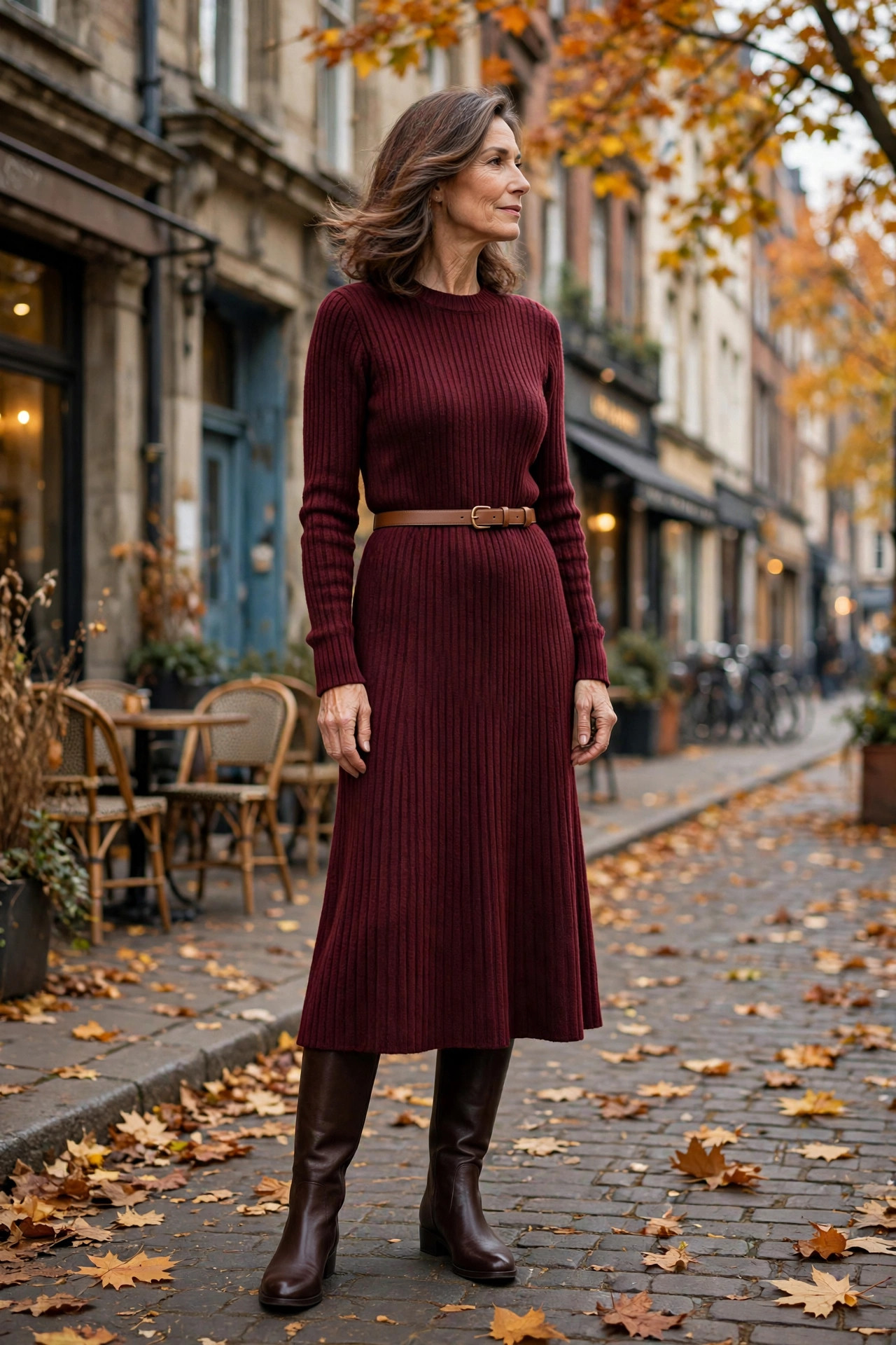 Elegant woman in her 50s wearing a burgundy ribbed sweater dress with a tan leather belt and knee-high boots