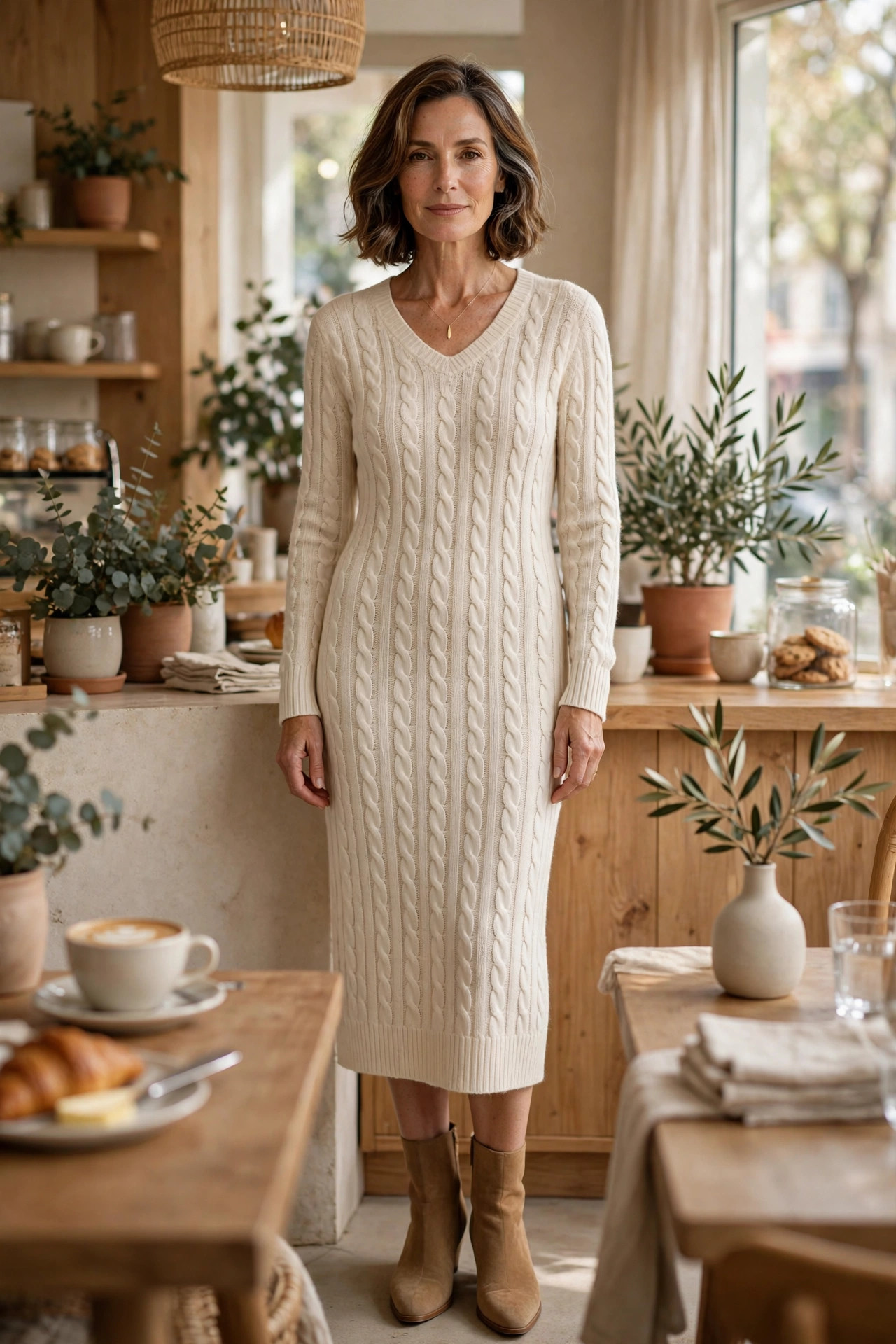 Elegant woman in her 50s wearing a cream cable-knit midi sweater dress with tan suede ankle boots