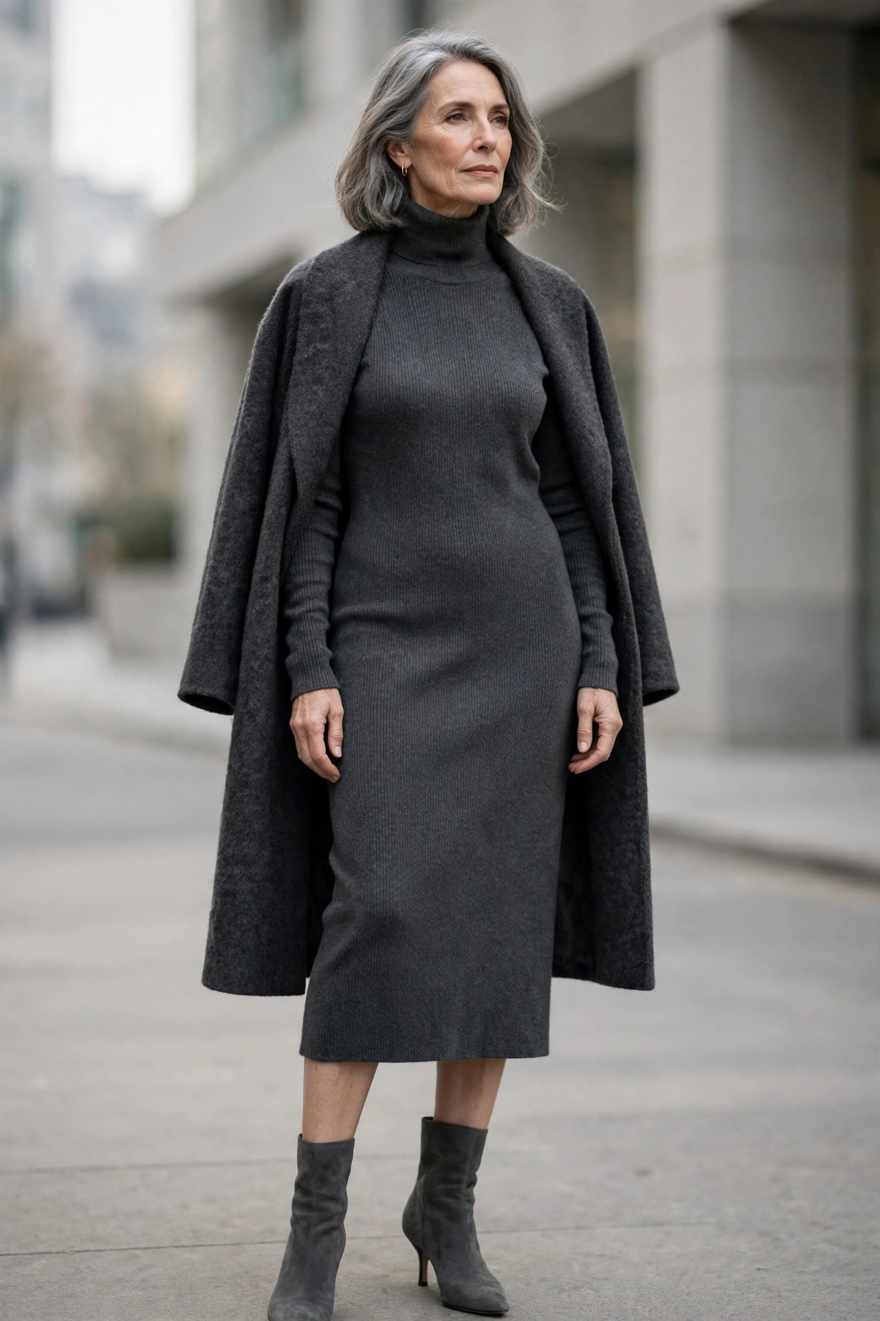 Elegant woman in her 50s wearing a charcoal turtleneck sweater dress in tonal monochrome with heeled boots