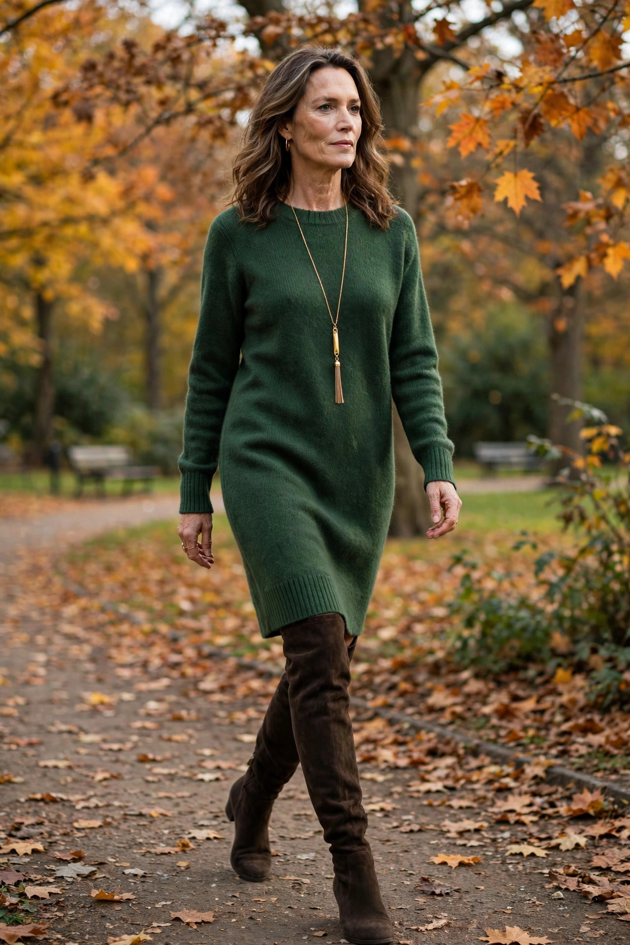 Elegant woman in her 50s wearing a forest green sweater dress with brown over-the-knee suede boots