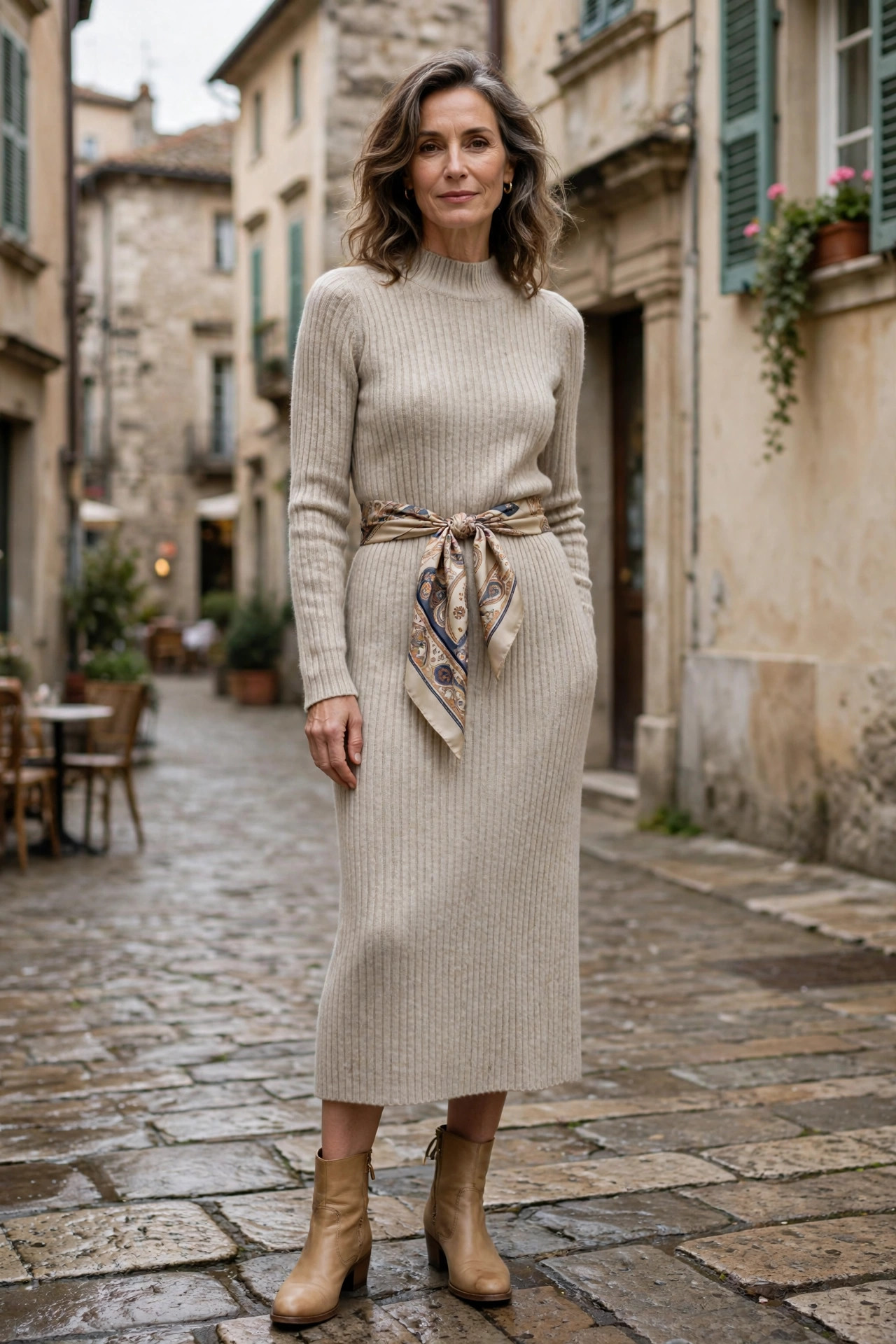 Elegant woman in her 50s wearing an oatmeal ribbed sweater dress with a patterned silk scarf tied as a belt