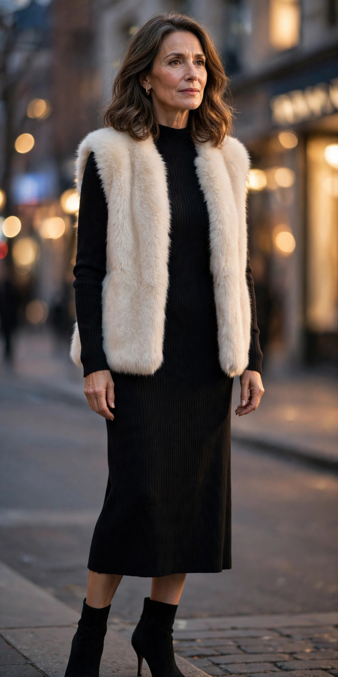 Elegant woman in her 50s wearing a black ribbed sweater dress with a cream faux fur vest for evening