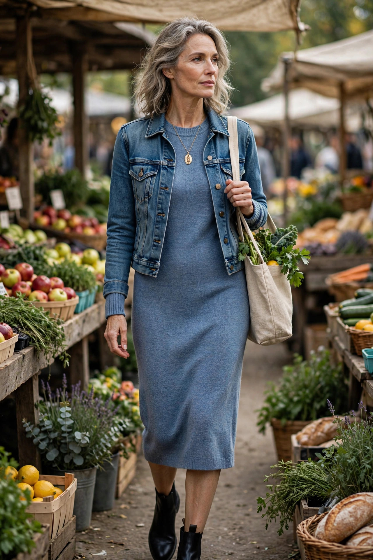 Elegant woman in her 50s wearing a heather blue sweater dress with a cropped denim jacket at a farmers market