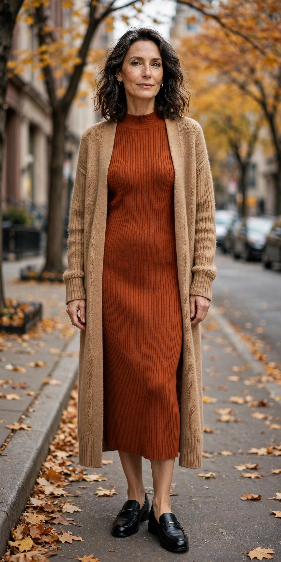 Elegant woman in her 50s wearing a rust sweater dress layered with a long camel knit cardigan and loafers