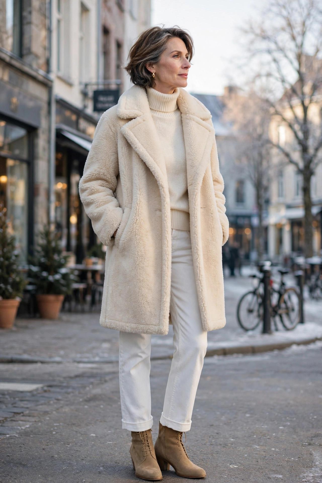 Woman over 50 in a cream teddy coat with cream turtleneck, white jeans and tan boots