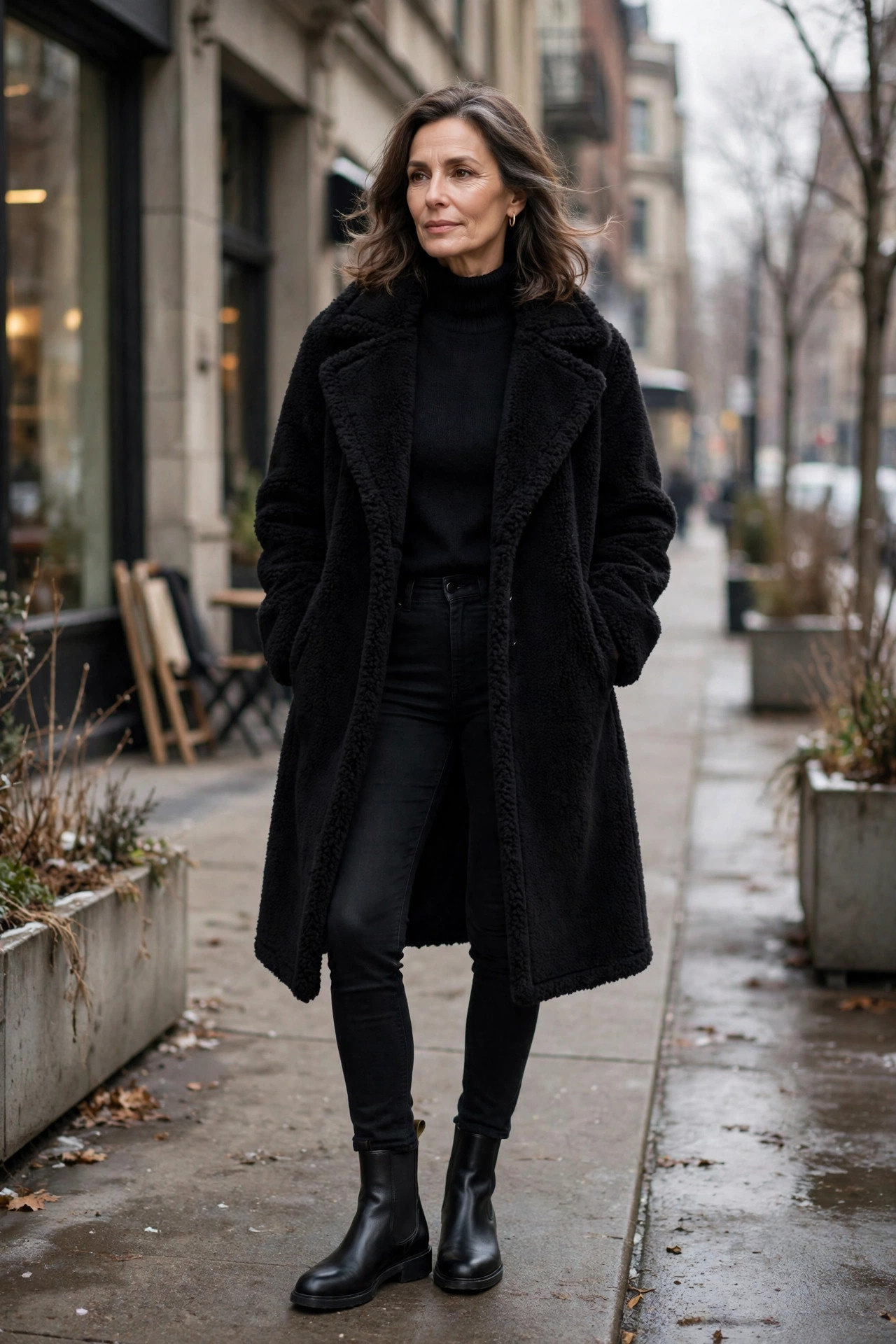 Woman over 50 wearing a black teddy coat with black knit top and black Chelsea boots