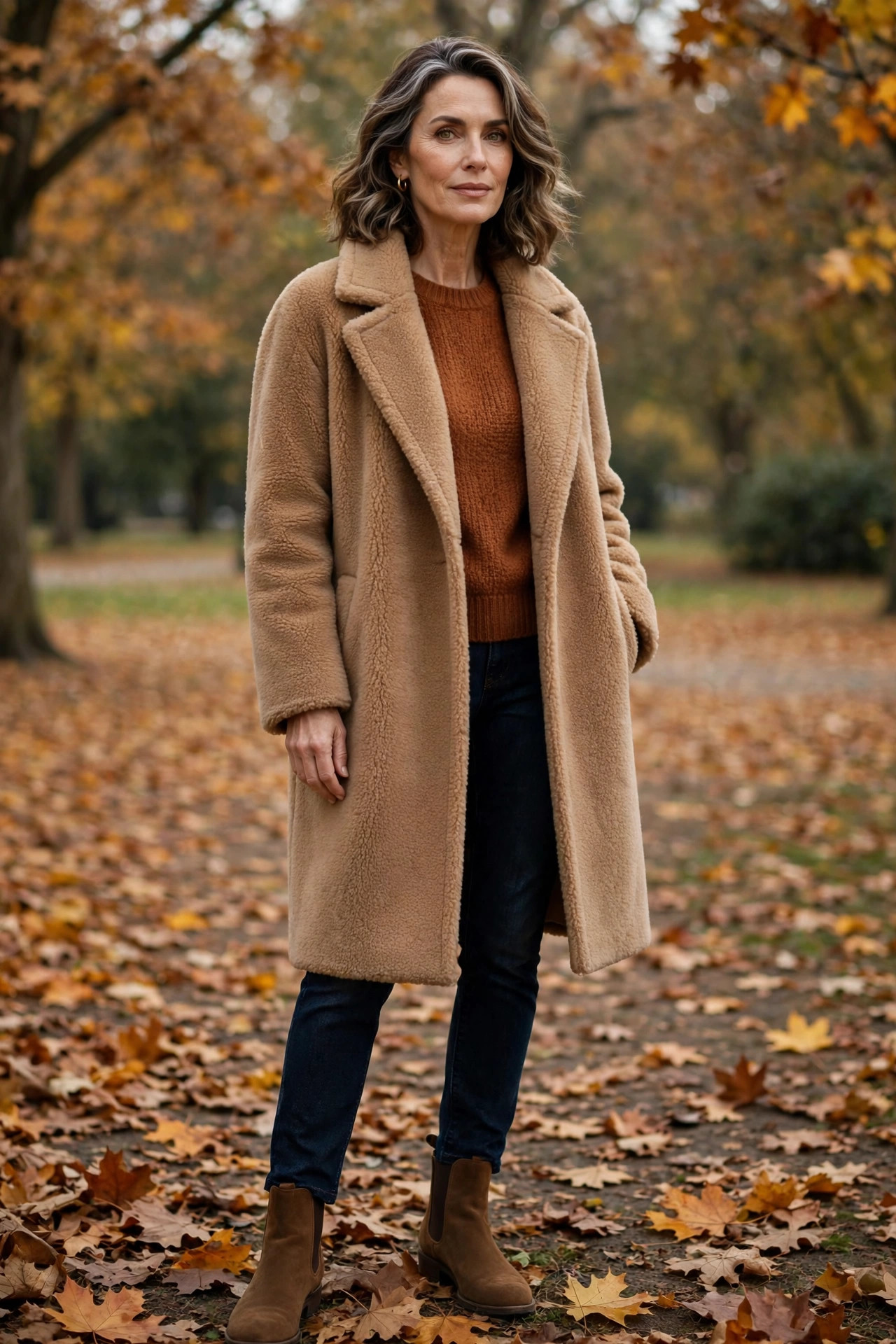 Camel teddy coat over a rust sweater, dark jeans and brown ankle boots, woman over 50