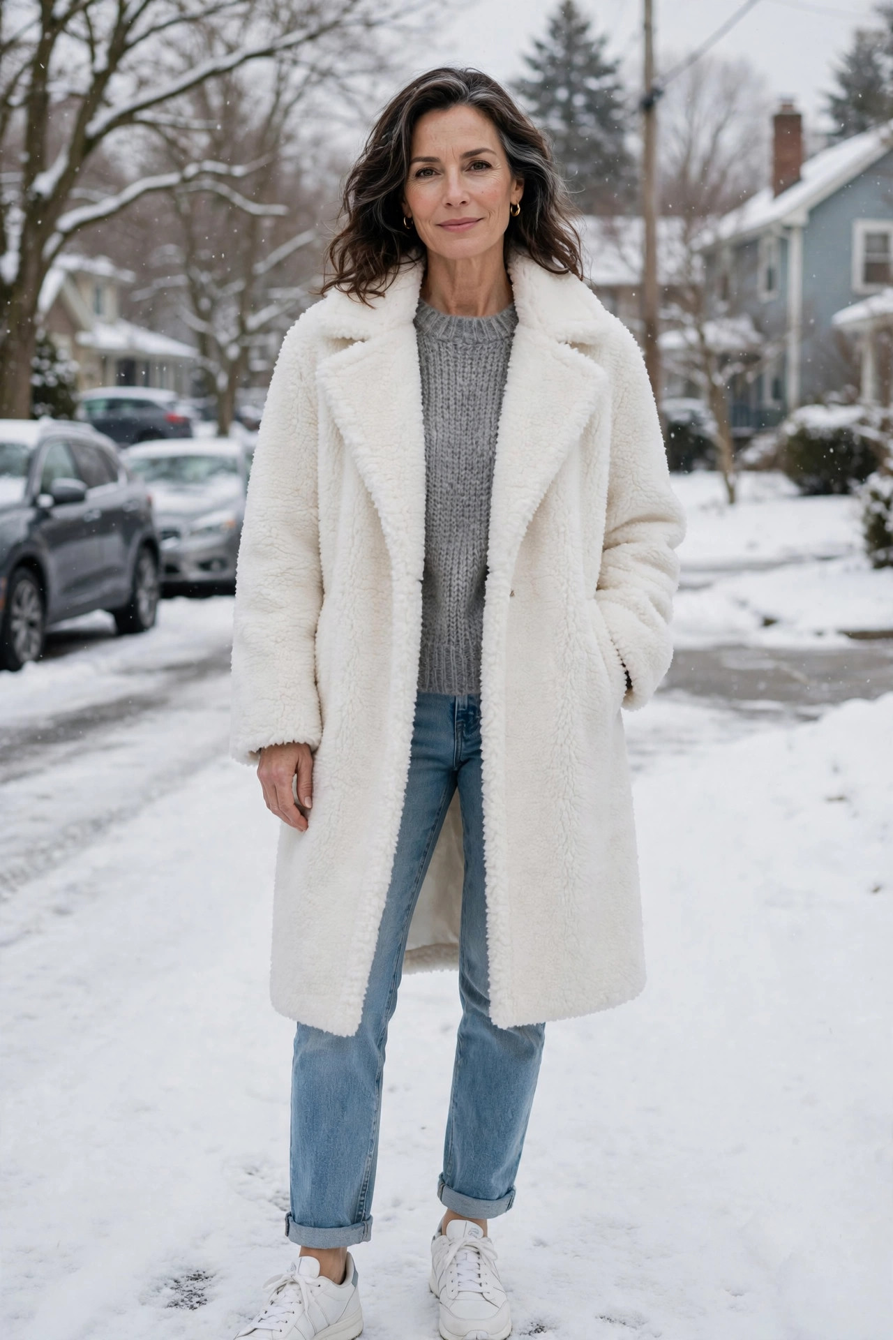 White teddy coat over a gray knit sweater and light jeans with white sneakers