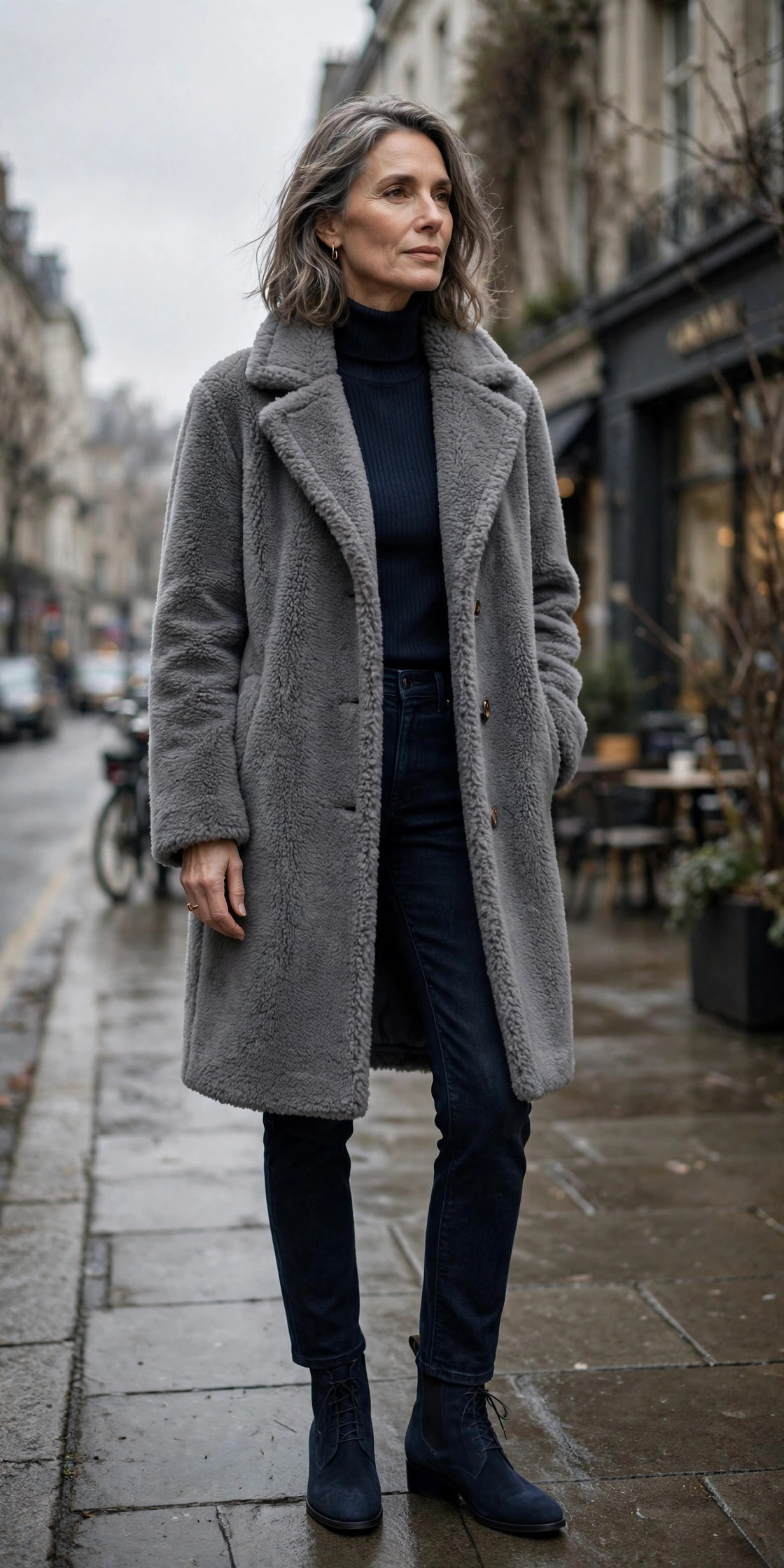 Gray teddy coat over a navy turtleneck, dark navy jeans and navy ankle boots