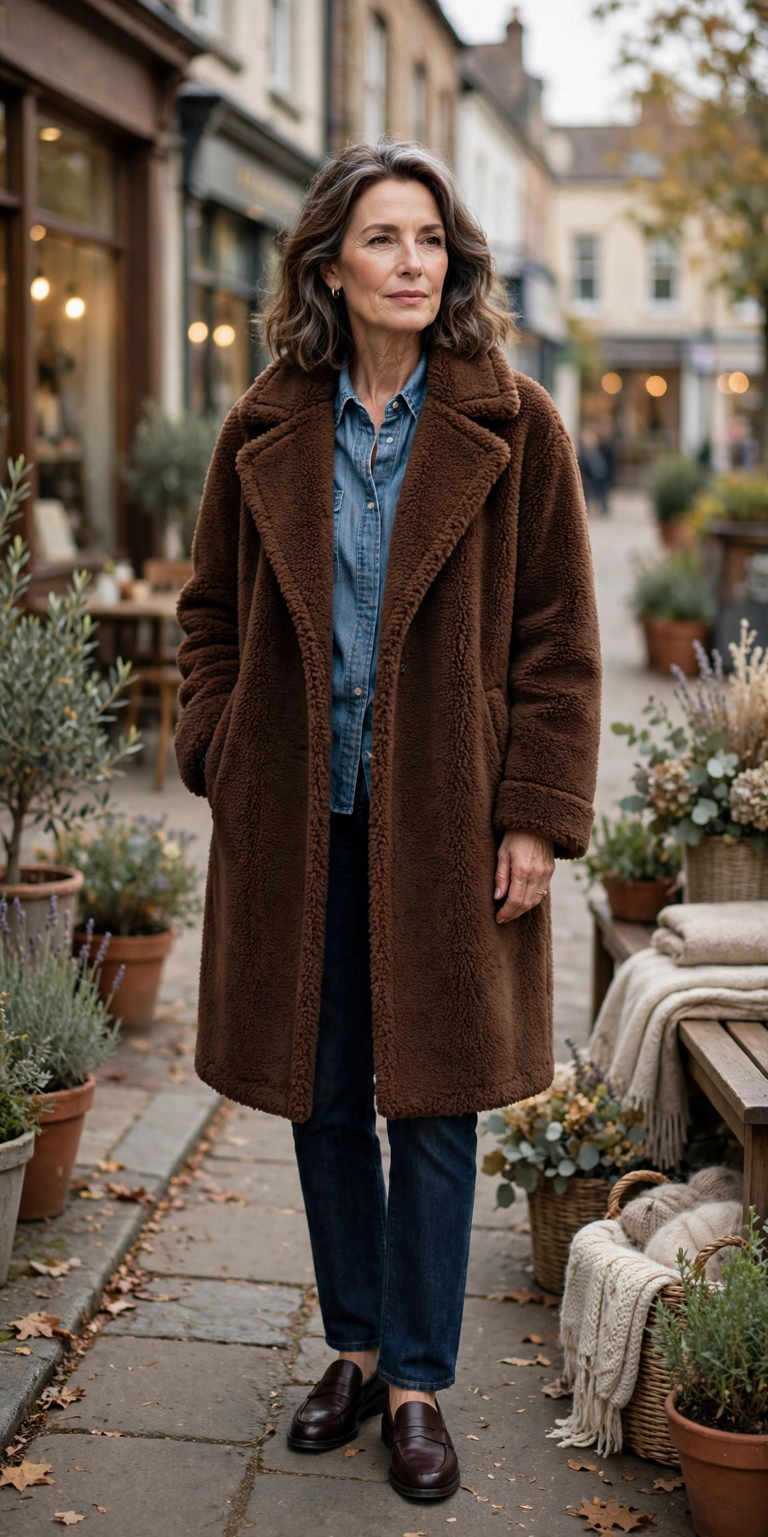 Chocolate brown teddy coat over a chambray shirt, dark jeans and loafers
