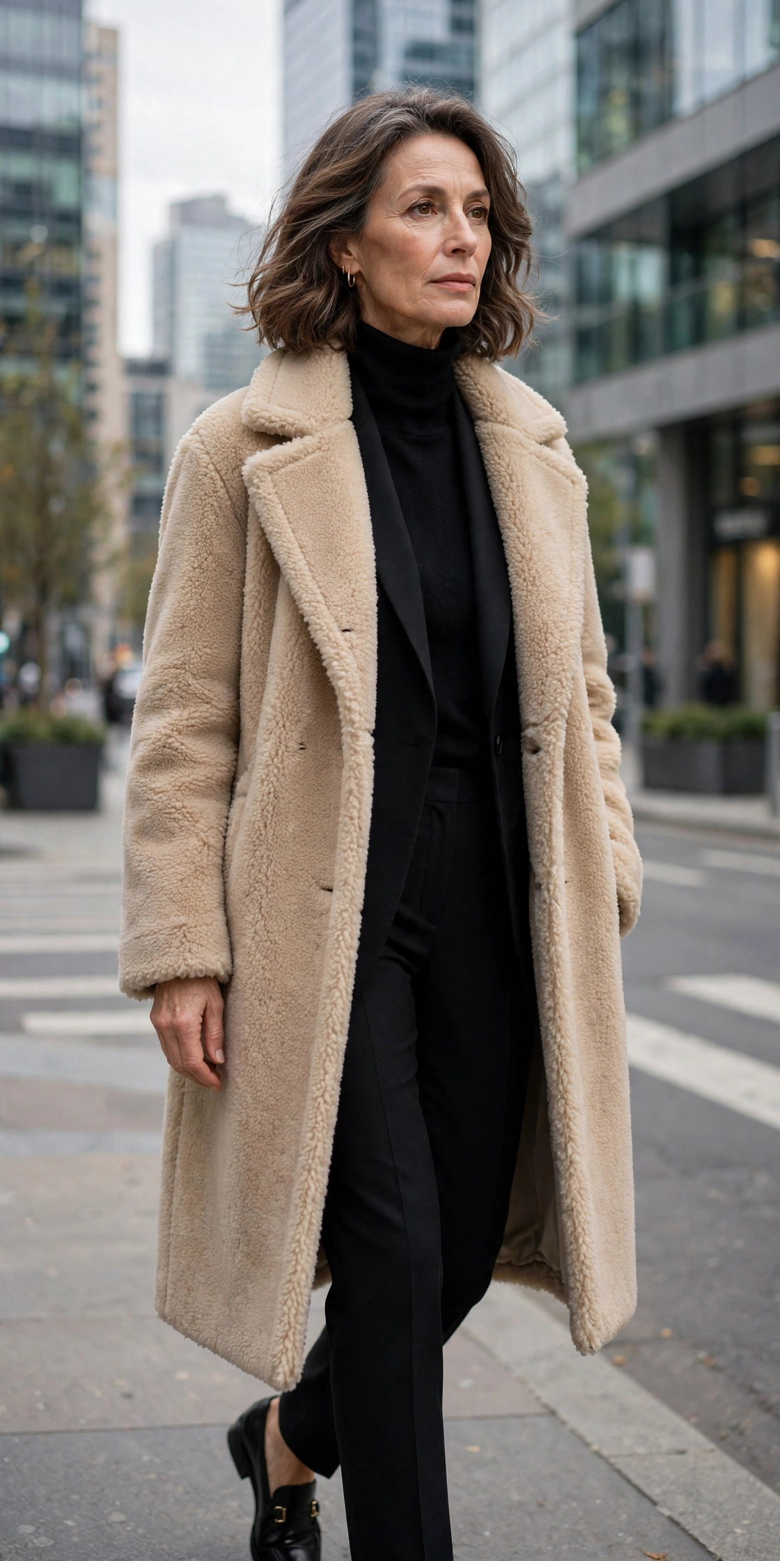Beige teddy coat over a black blazer, black turtleneck and tailored trousers, office look