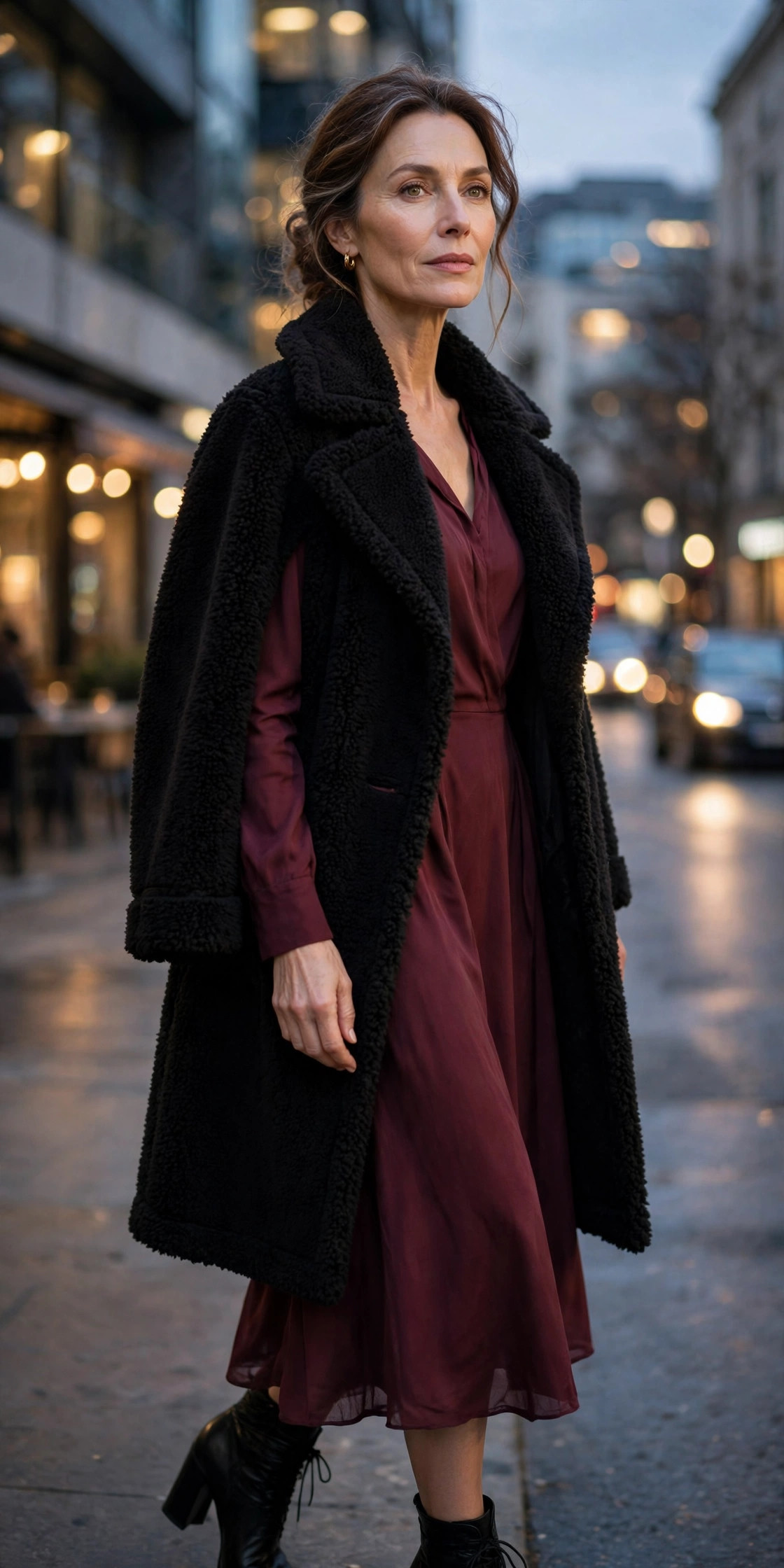 Black teddy coat over a burgundy midi dress with black heeled ankle boots, evening