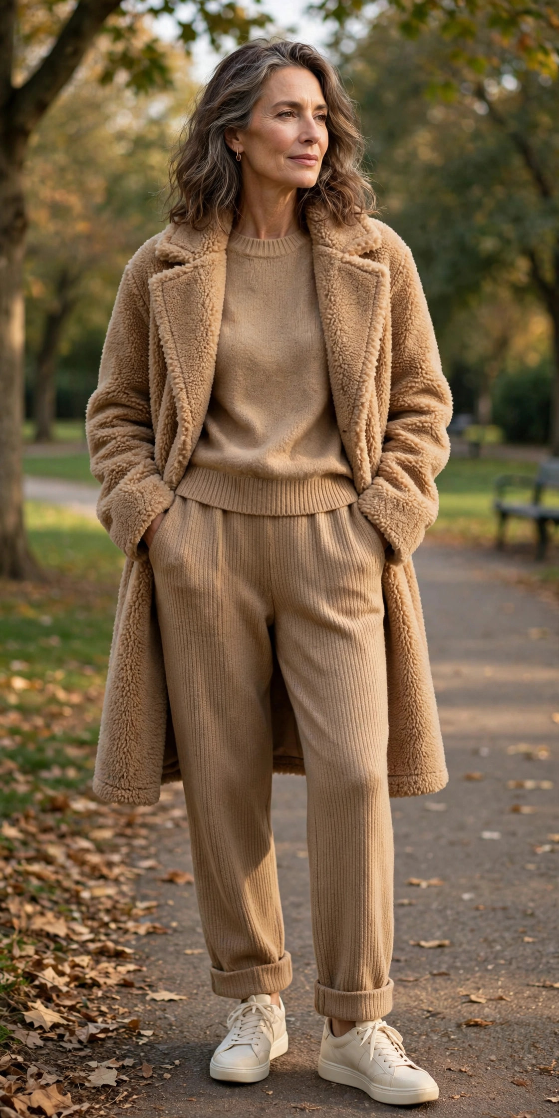 Tan teddy coat over a matching tan knit set with cream sneakers, relaxed weekend