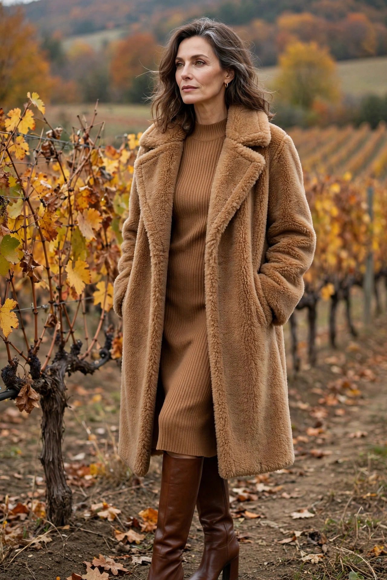 Caramel teddy coat over a ribbed sweater dress with knee-high brown boots
