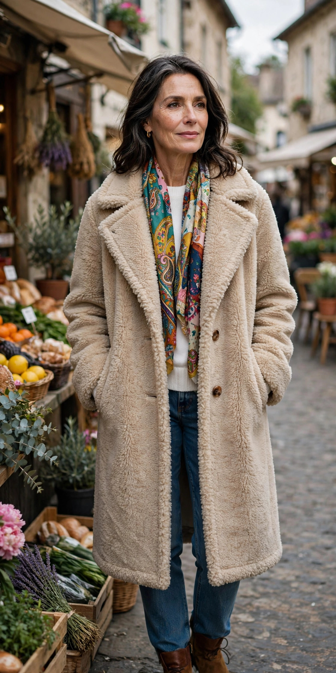 Oatmeal teddy coat with a colorful scarf over a white sweater and blue jeans