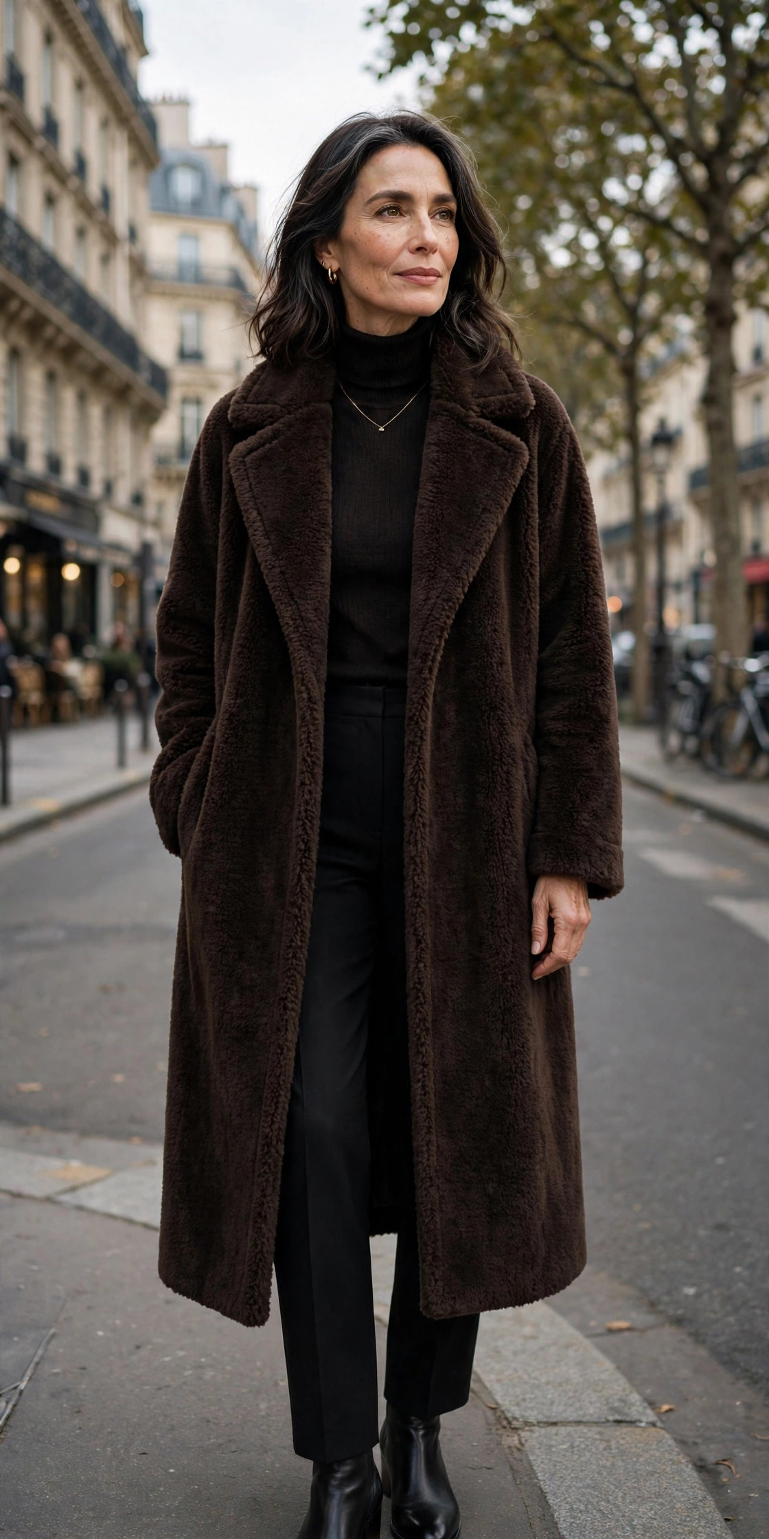 Longline dark brown teddy coat over a black turtleneck and black trousers