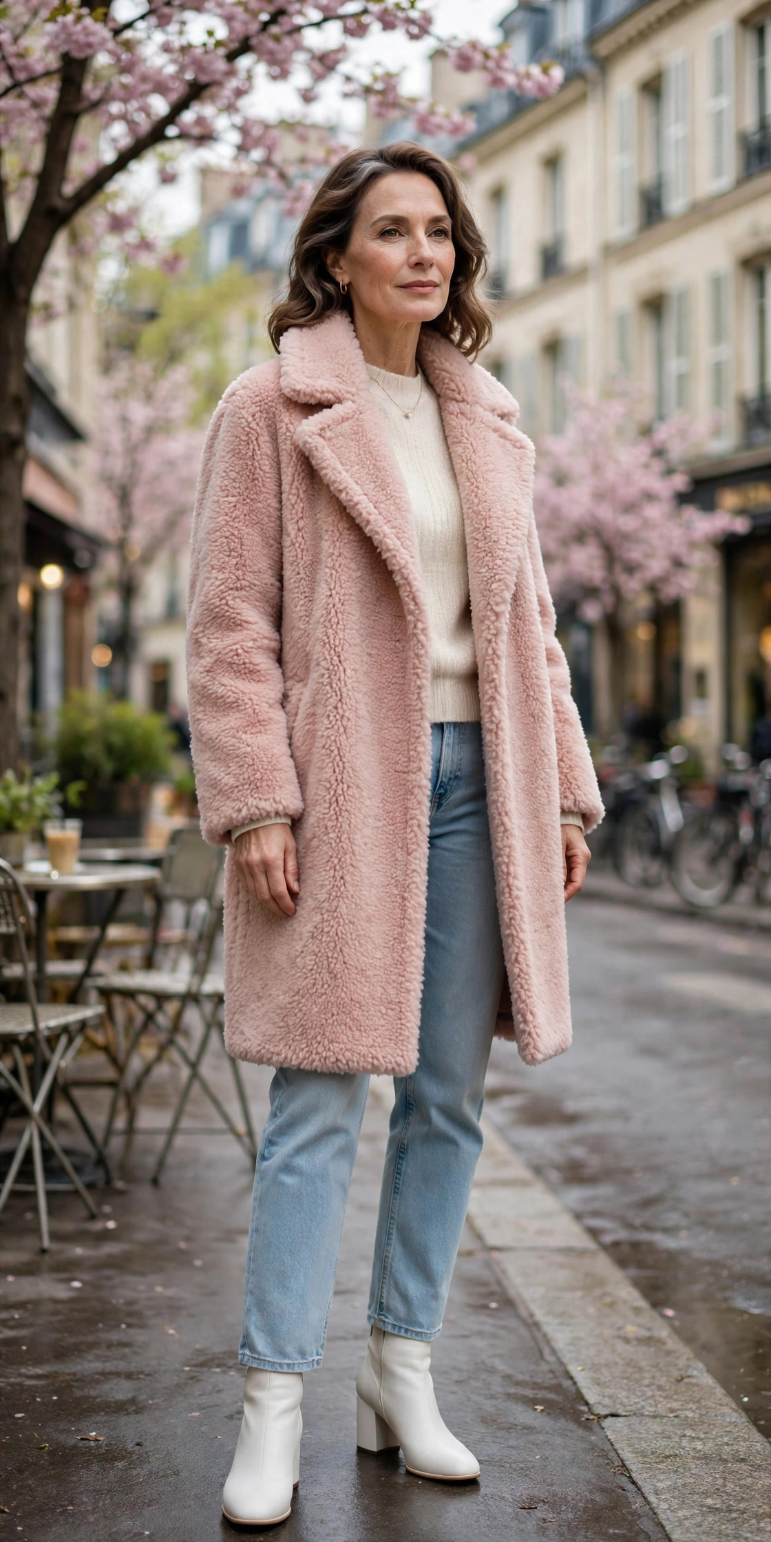 Blush pink teddy coat over a cream sweater and light jeans with white boots