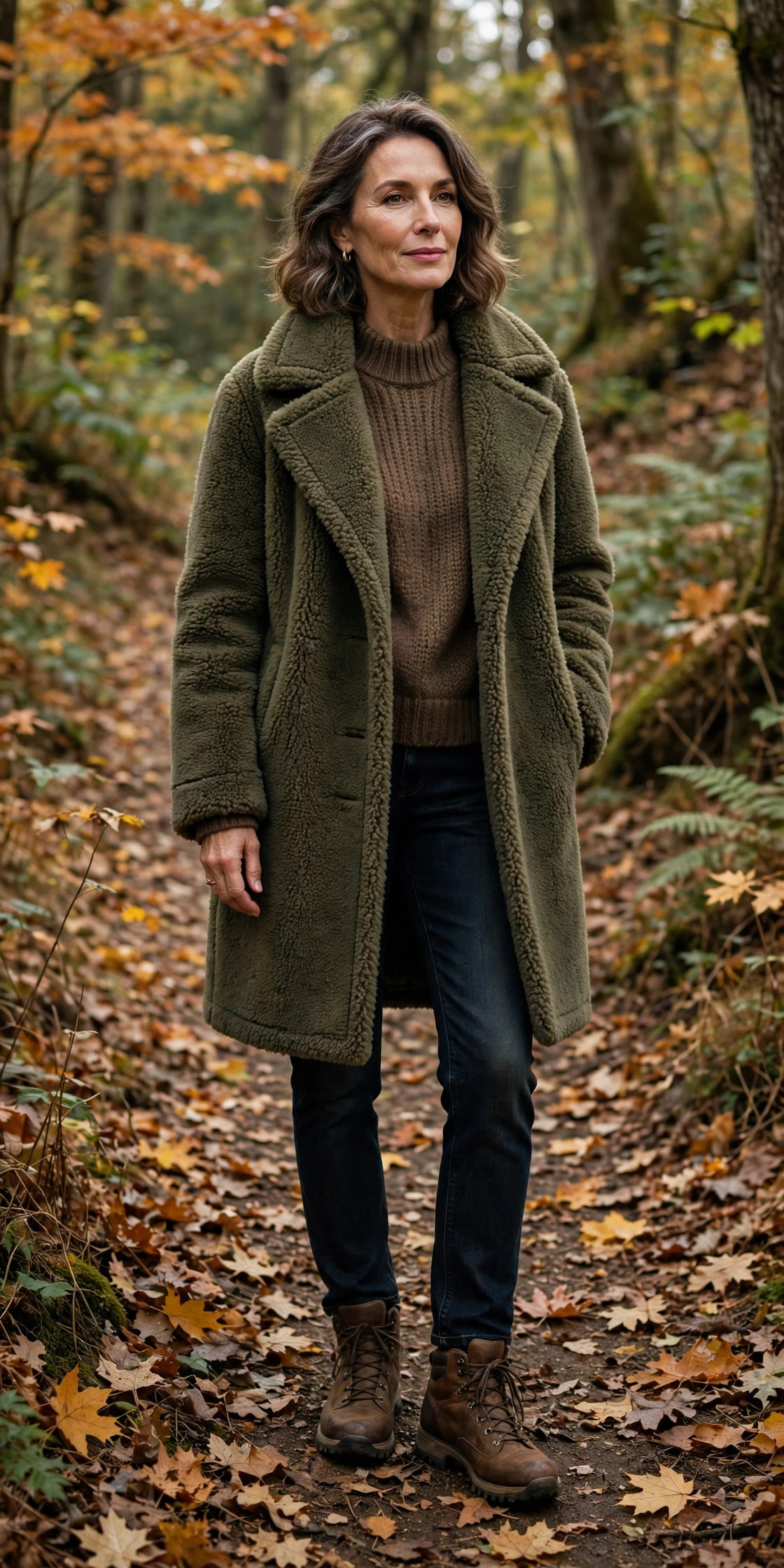 Olive green teddy coat over a brown knit sweater, dark jeans and boots, forest trail