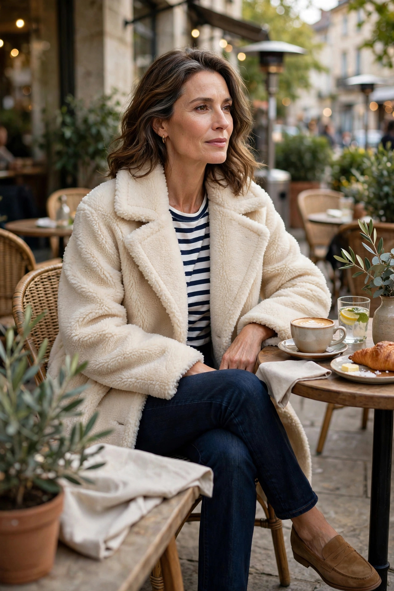 Cream teddy coat over a striped top and dark jeans with tan loafers, brunch