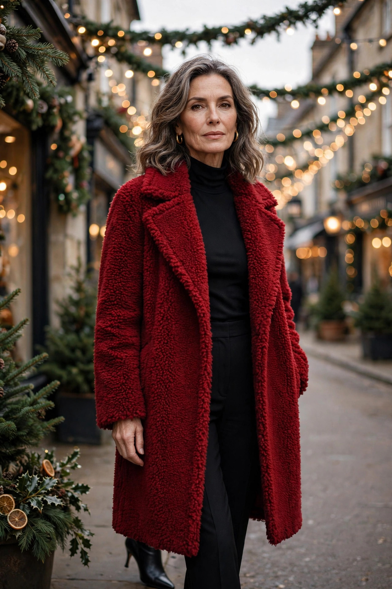 Deep red teddy coat over black top and trousers with black boots, holiday street