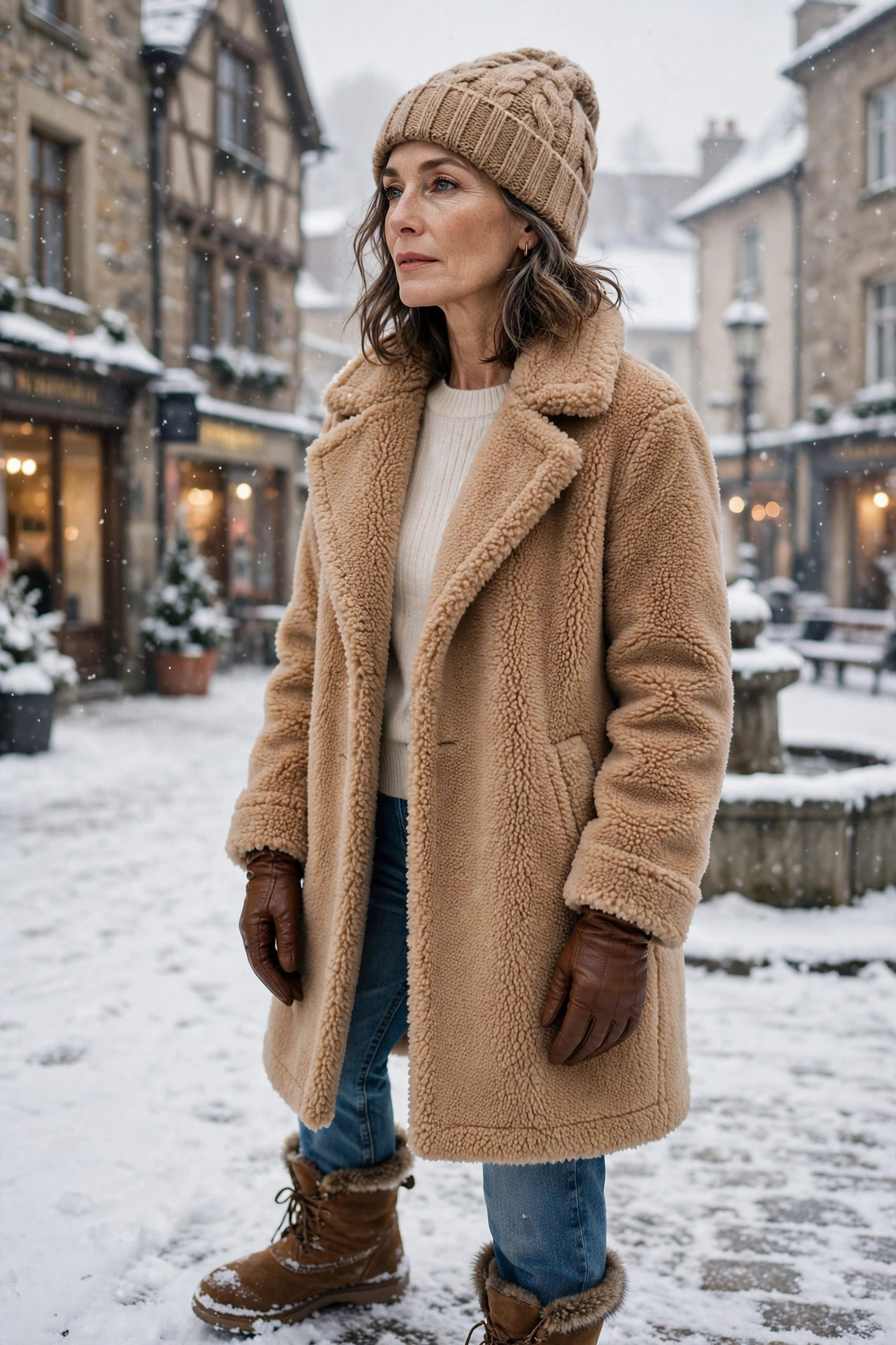 Tan teddy coat with leather gloves and knit beanie over cream sweater and jeans