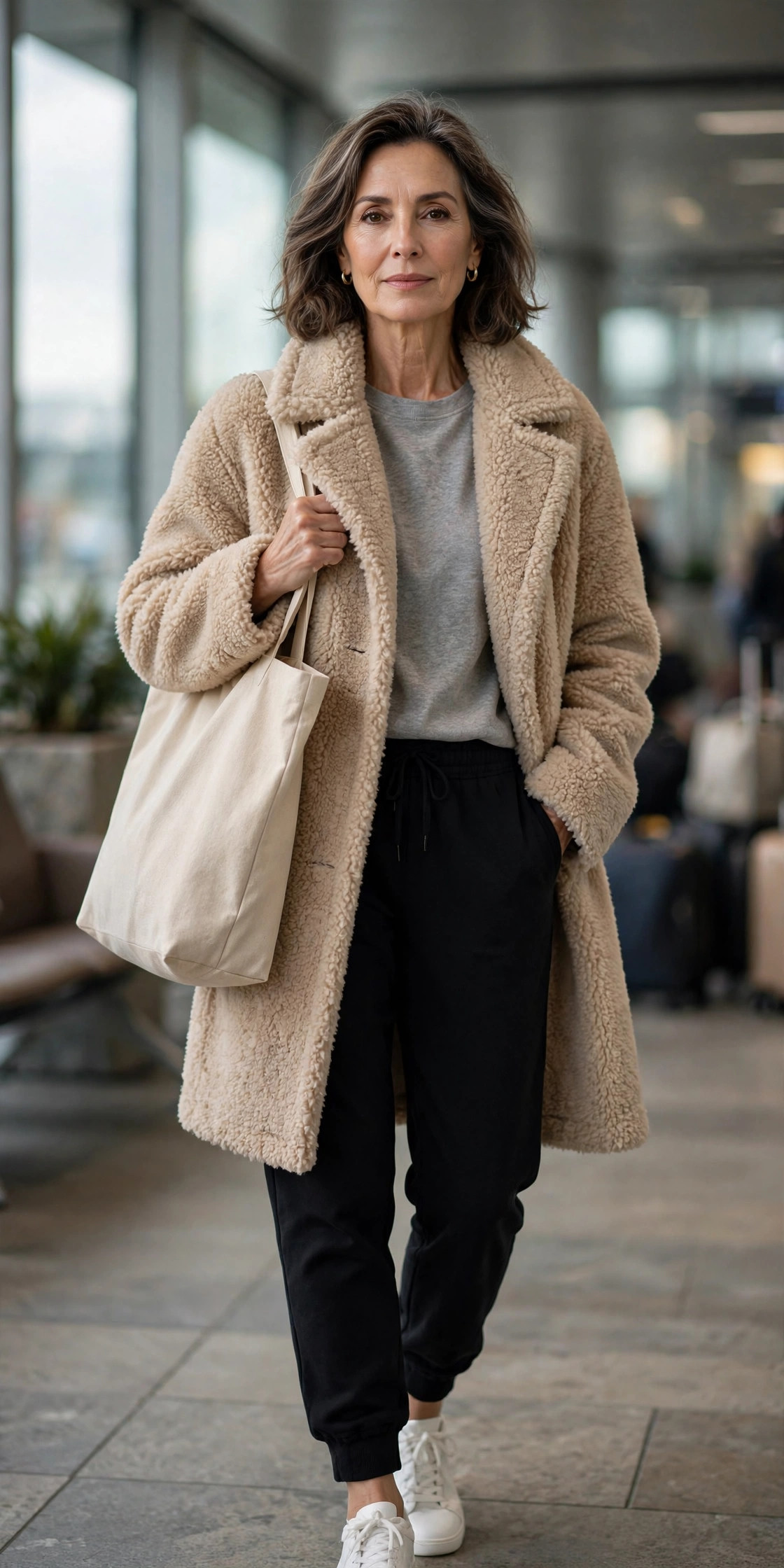 Beige teddy coat over gray sweatshirt and joggers with sneakers and tote, travel