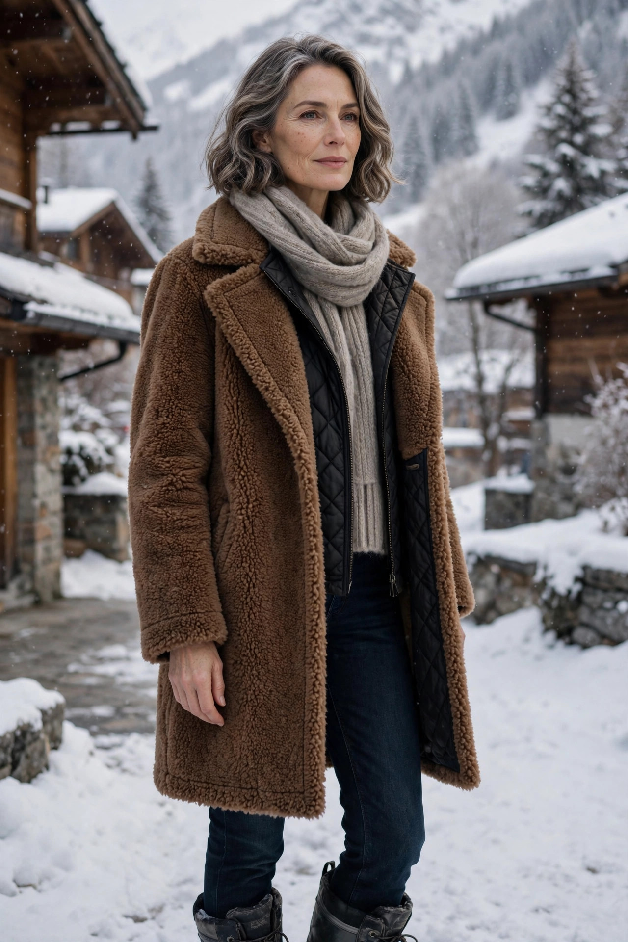 Brown teddy coat layered over a quilted vest with wool scarf and snow boots