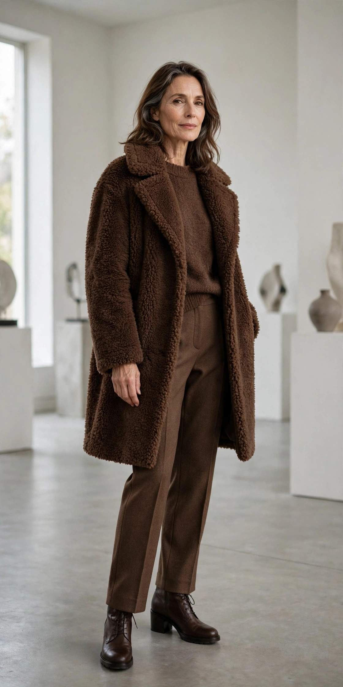 Chocolate brown teddy coat over a brown knit sweater and brown wool trousers
