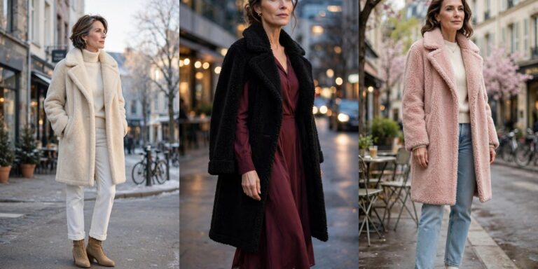 How to wear a teddy coat over 50 - 21 cozy looks collage