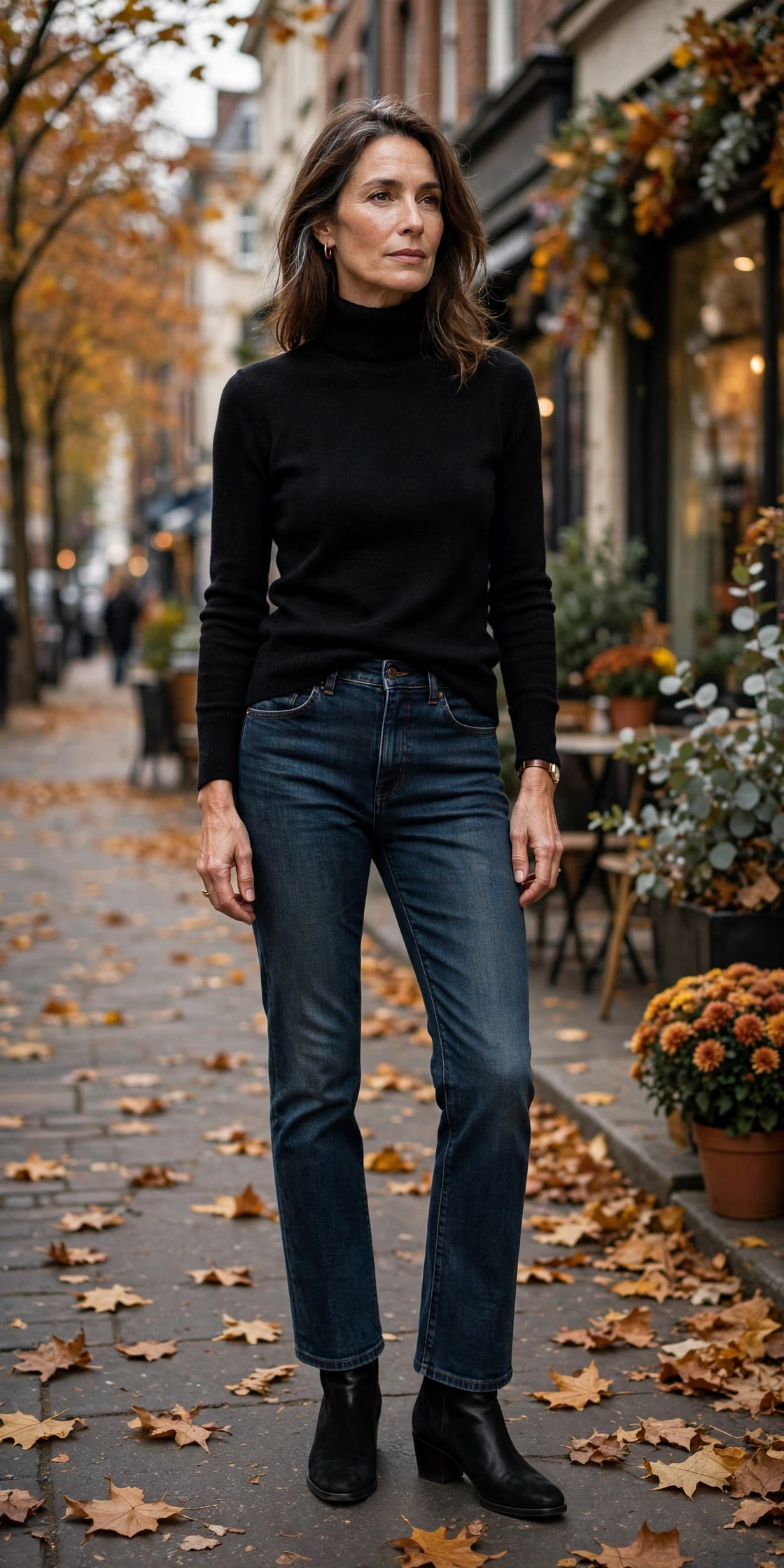 Woman over 50 wearing a black turtleneck sweater front-tucked into bootcut jeans
