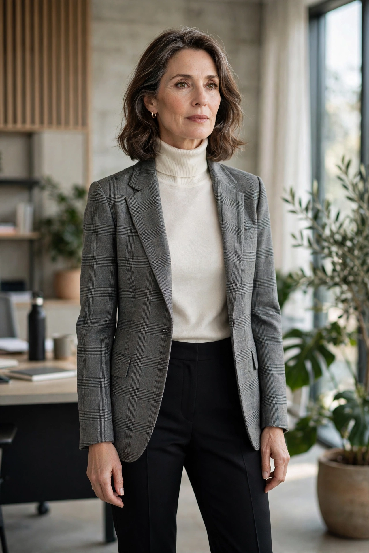 Woman over 50 wearing an ivory turtleneck sweater under a gray plaid blazer