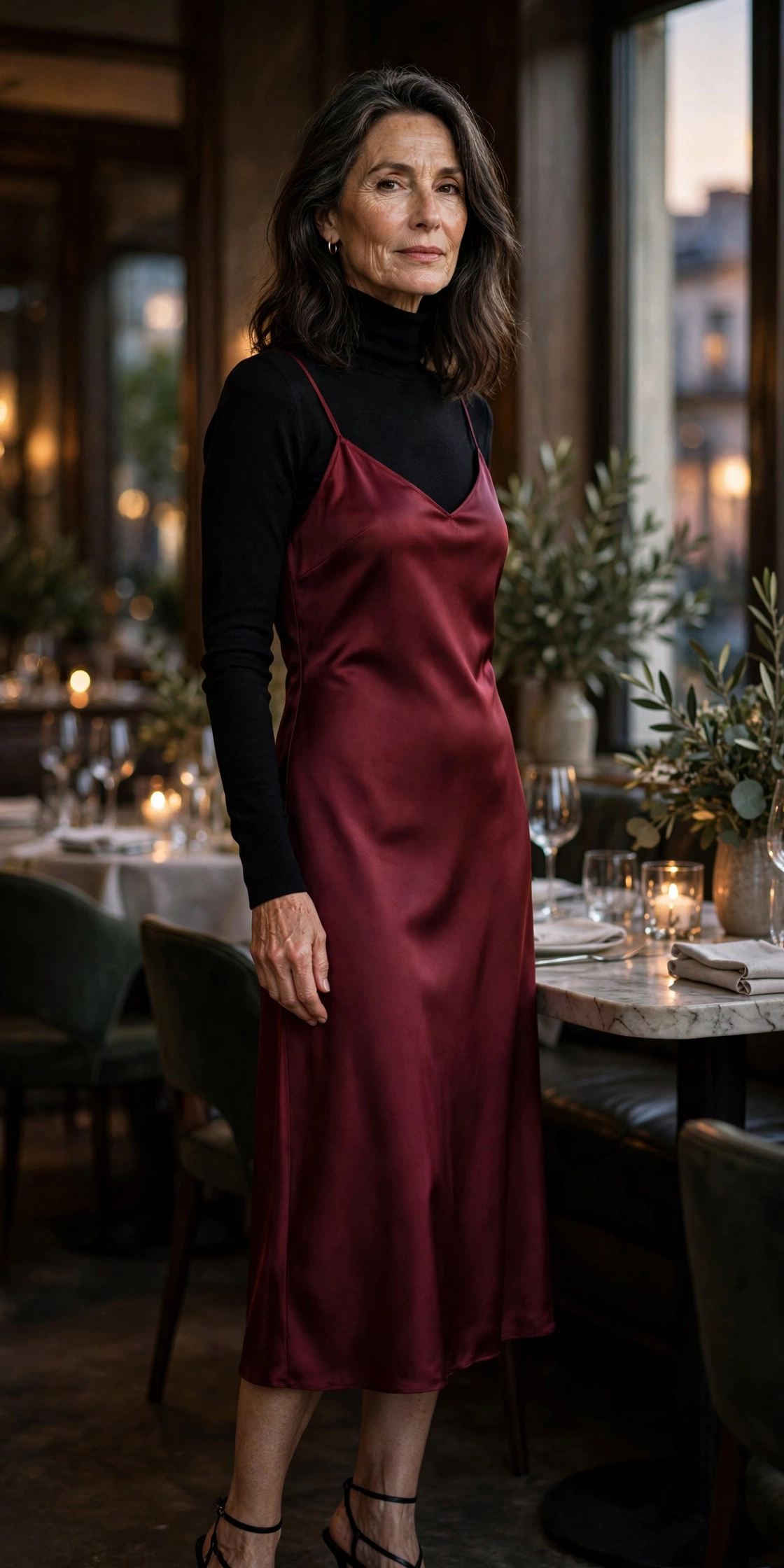 Woman over 50 wearing a black turtleneck under a burgundy satin slip dress