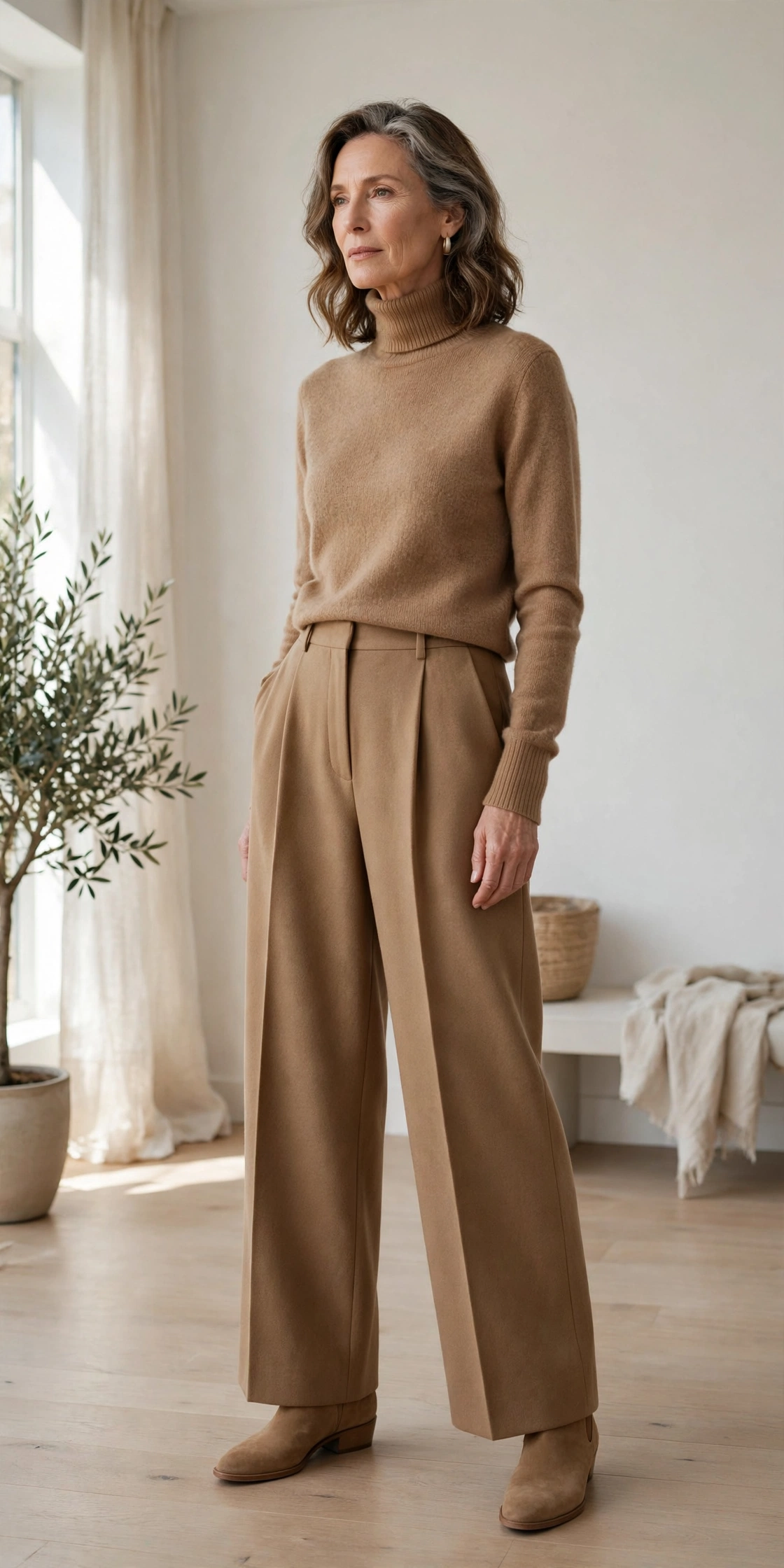 Woman over 50 in a tonal camel turtleneck sweater with camel wide-leg trousers