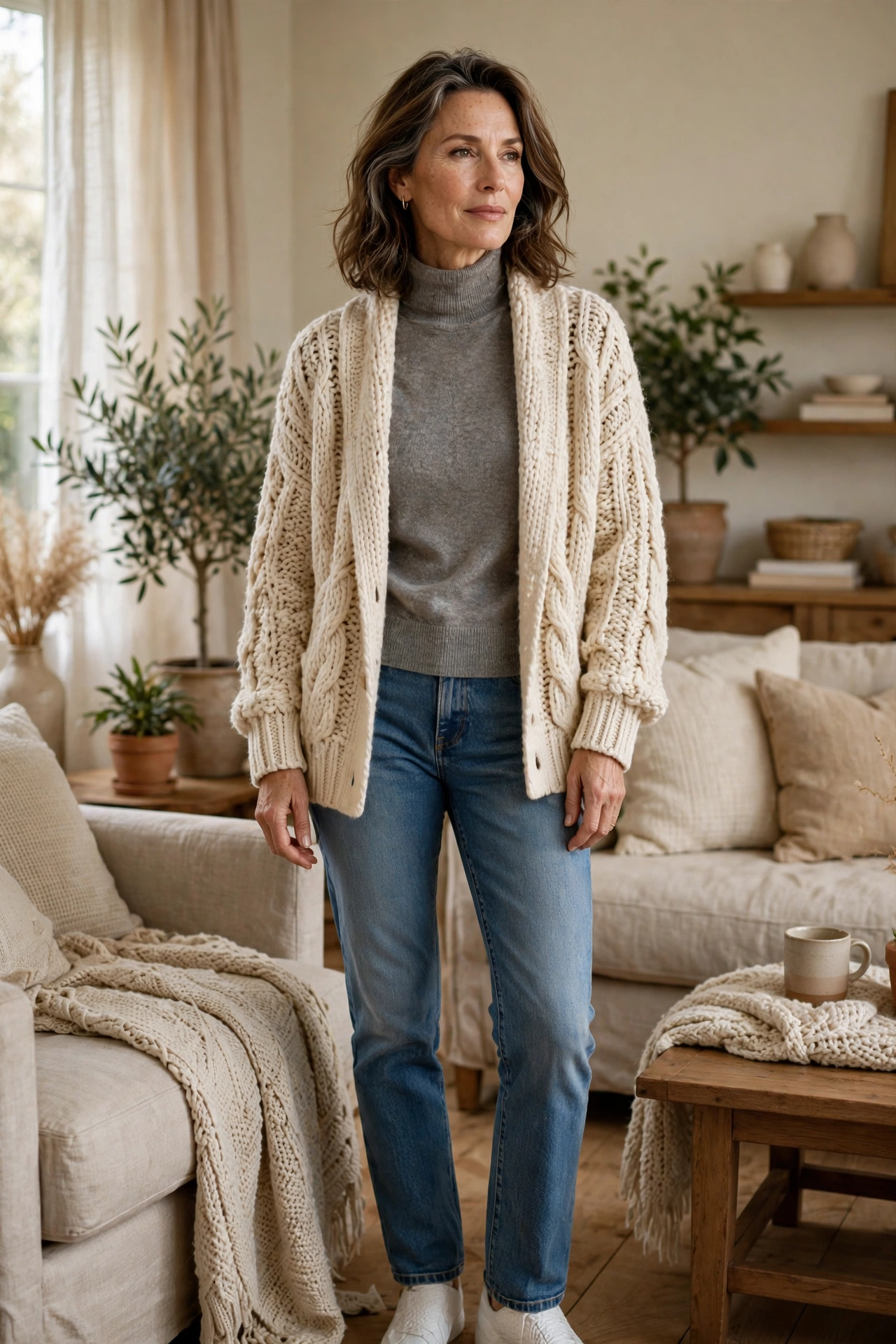 Woman over 50 wearing a gray turtleneck under a cream chunky cardigan with jeans