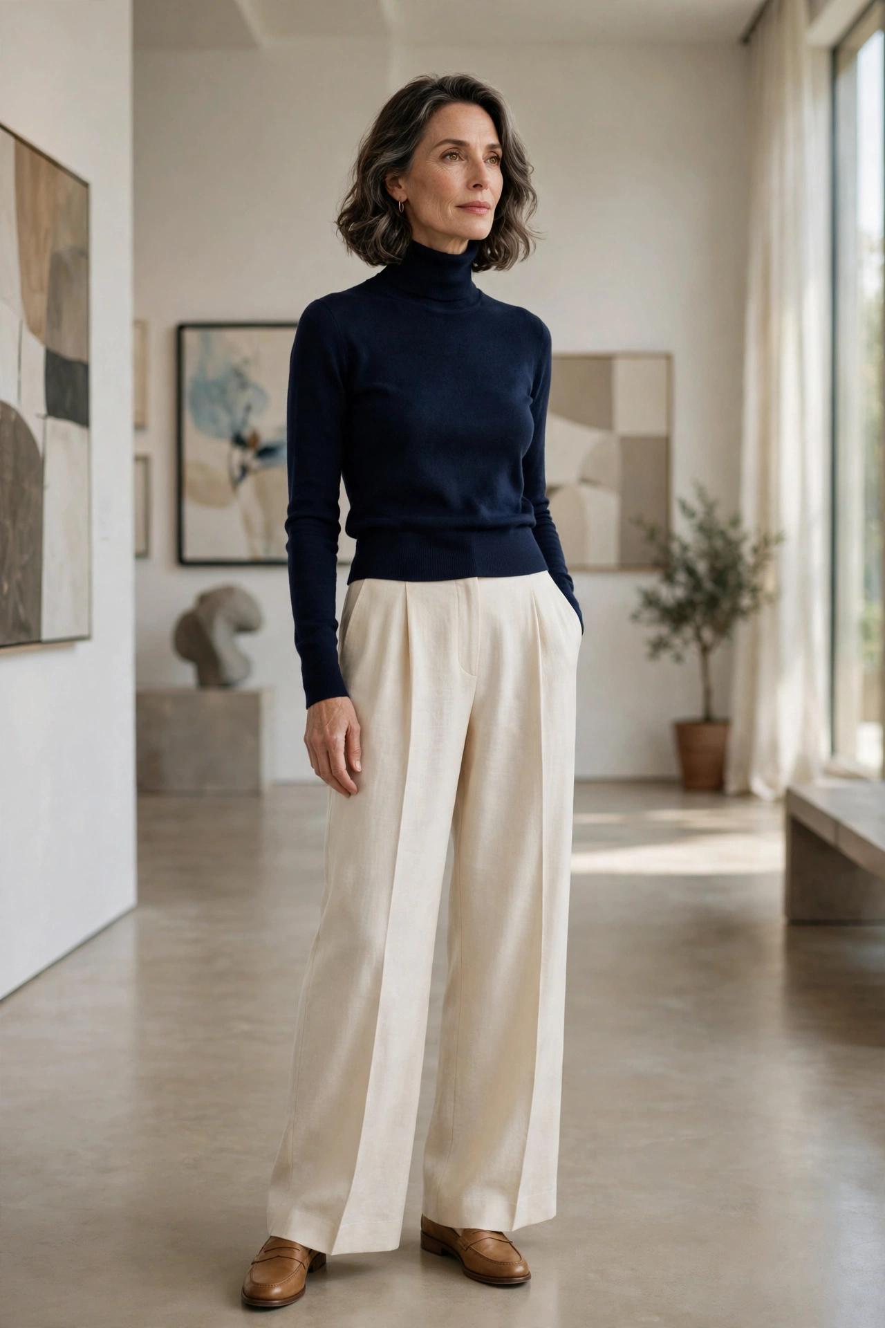 Woman over 50 in a navy turtleneck sweater with cream wide-leg trousers