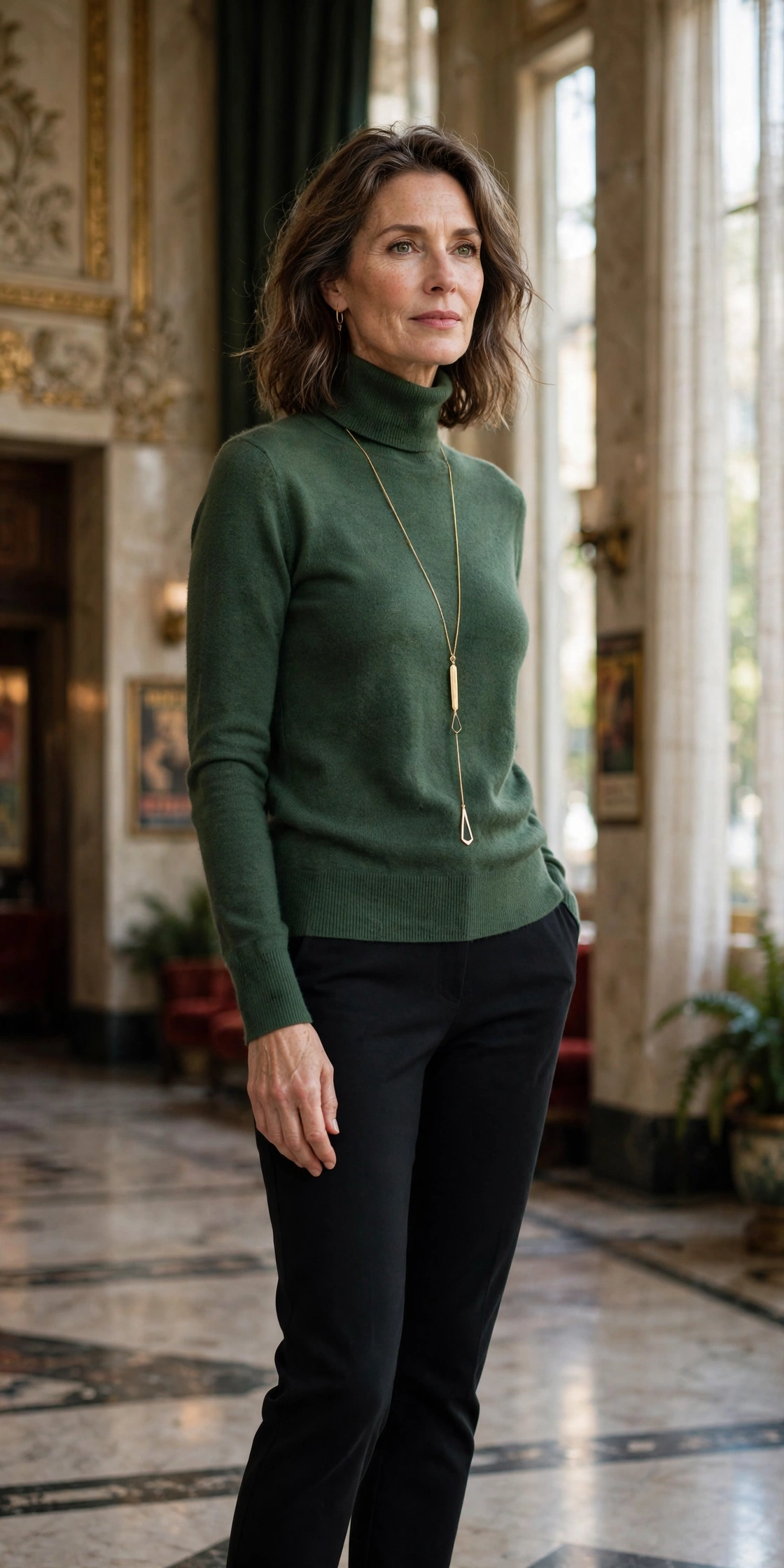 Woman over 50 wearing a forest green turtleneck with a long gold pendant necklace