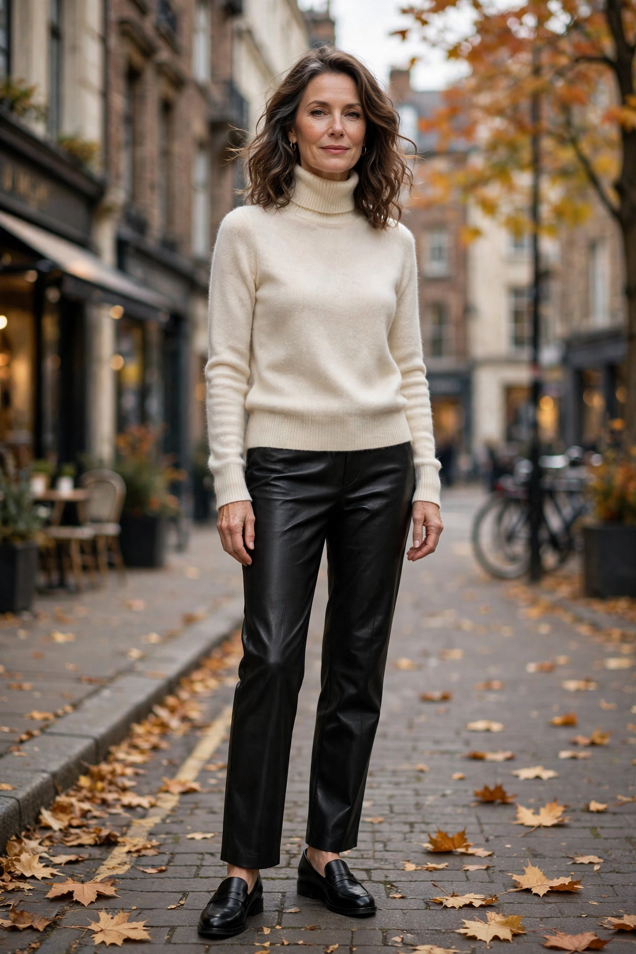 Woman over 50 in a cream turtleneck sweater with black faux-leather pants