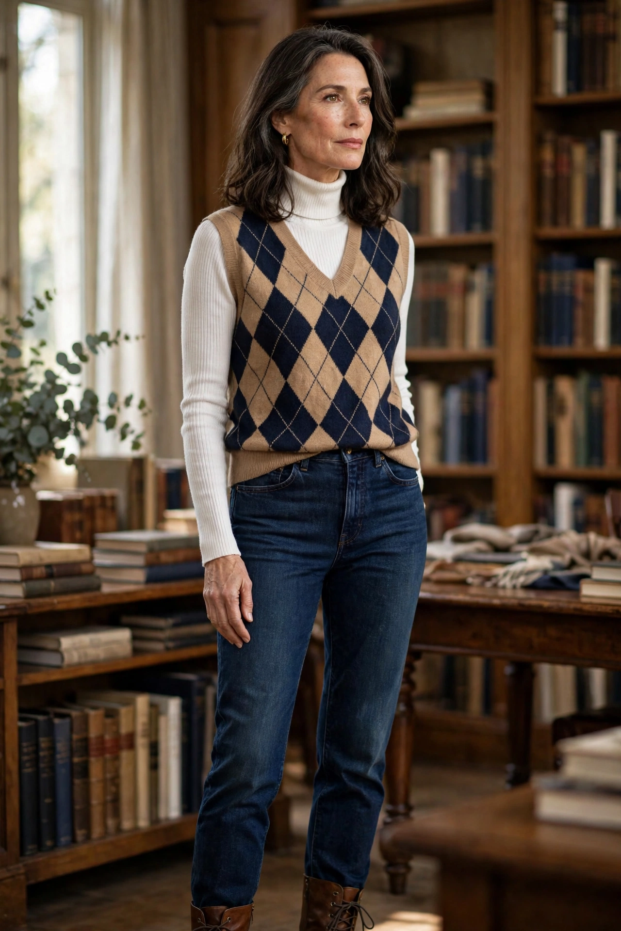 Woman over 50 wearing a white turtleneck under an argyle sweater vest with jeans