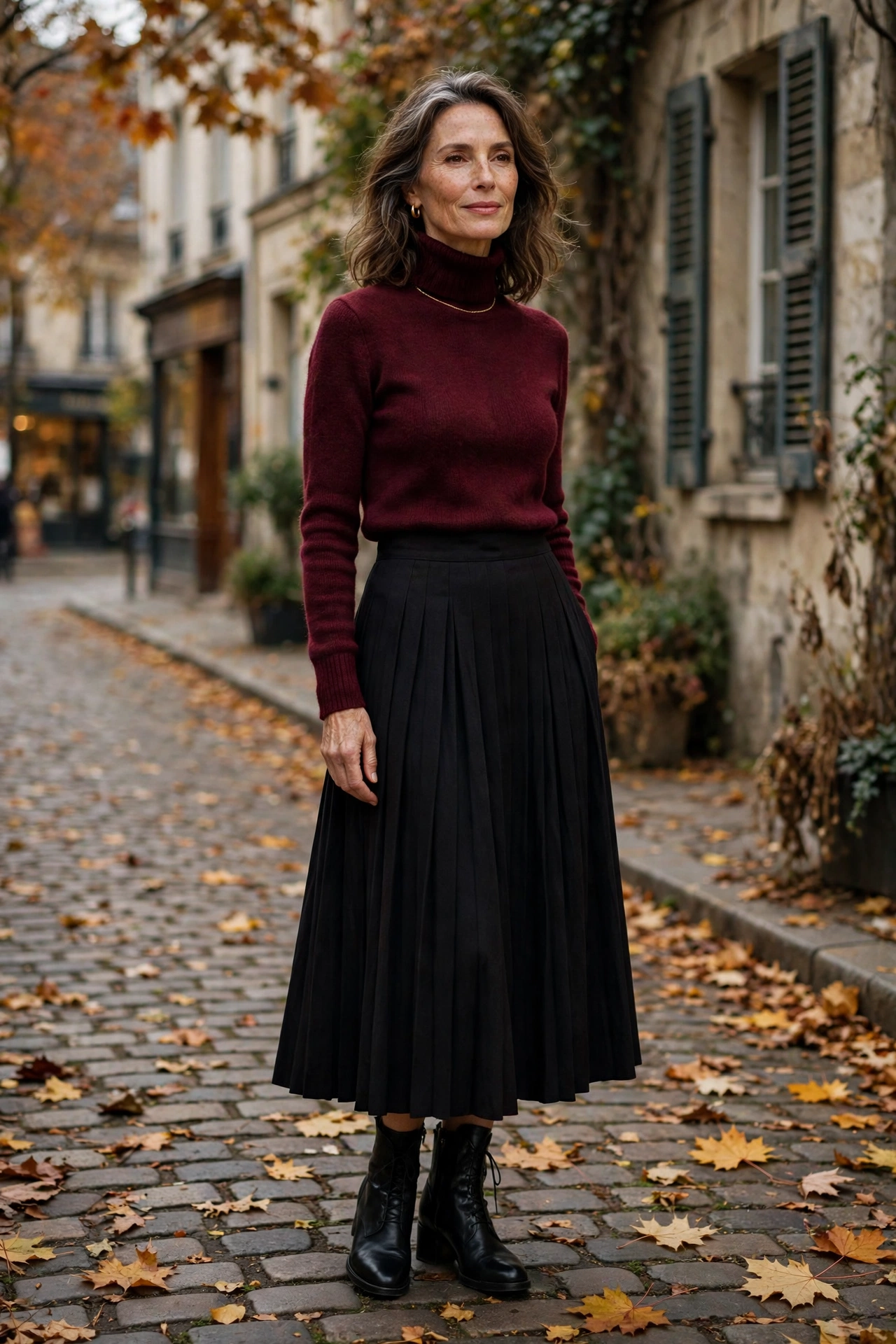 Woman over 50 in a burgundy turtleneck sweater with a black pleated midi skirt