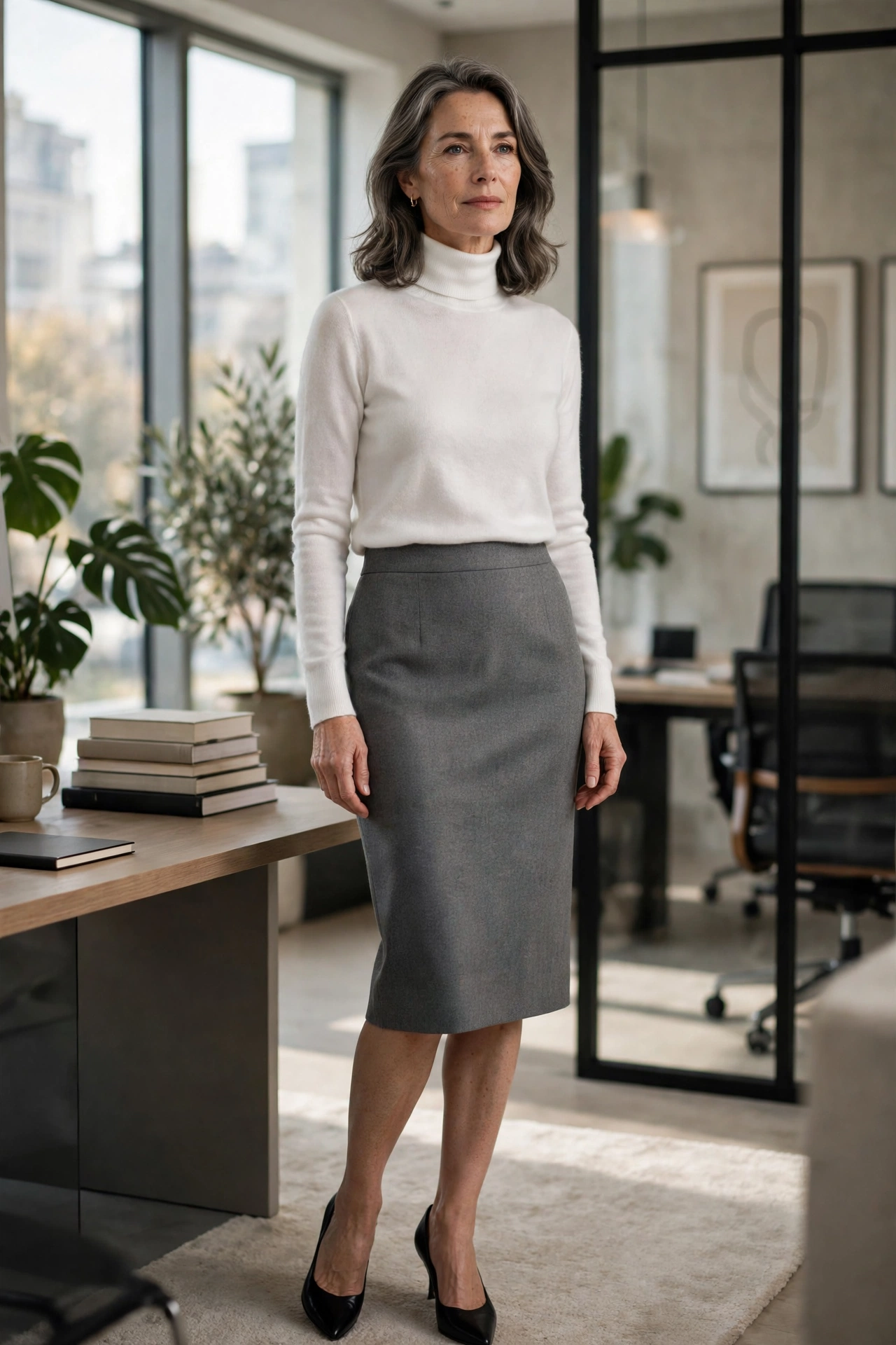 Woman over 50 wearing a white turtleneck tucked into a gray pencil skirt