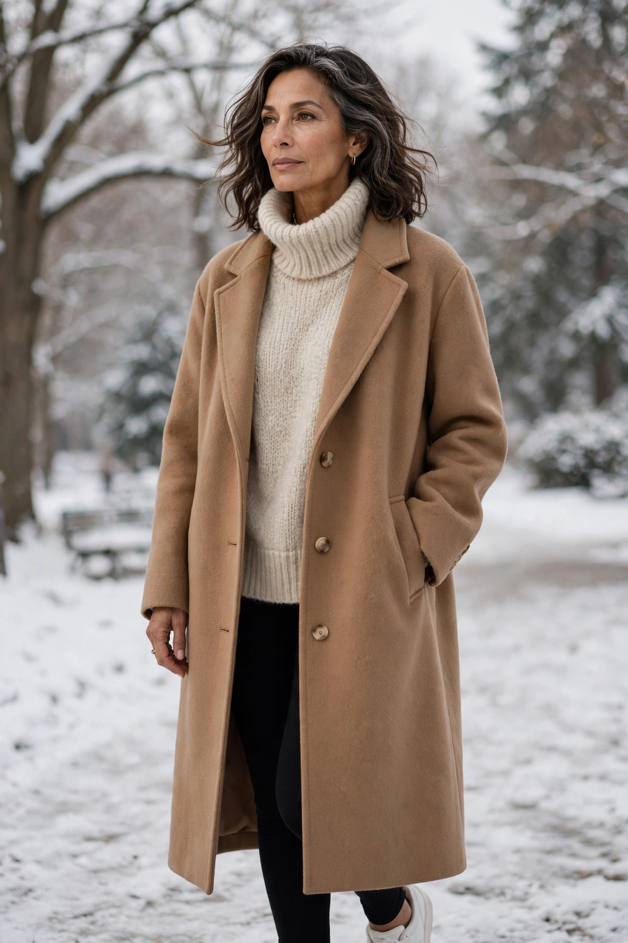 Woman over 50 in an oatmeal oversized turtleneck with leggings and a camel coat