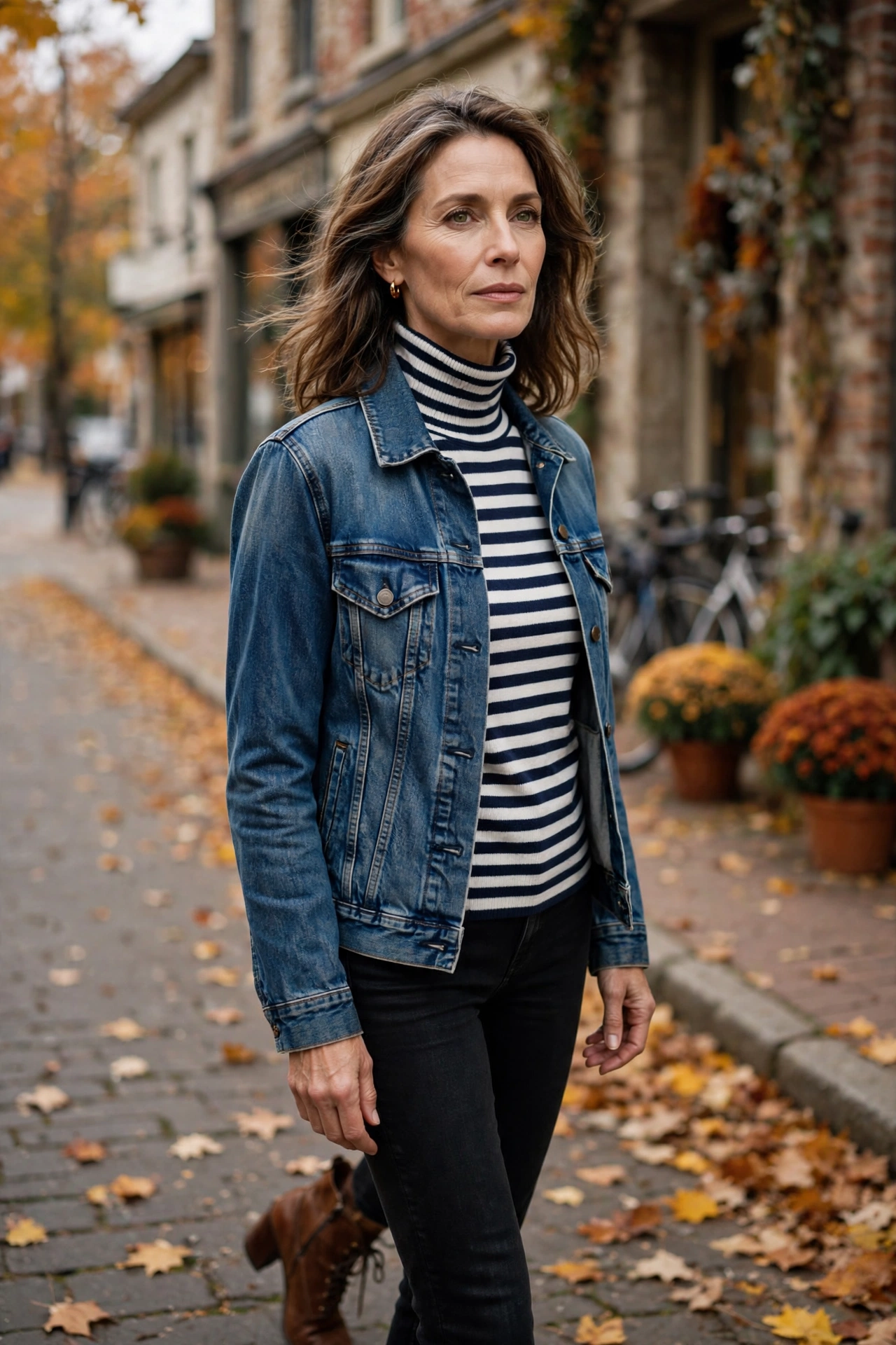 Woman over 50 wearing a striped turtleneck under a denim jacket with black jeans