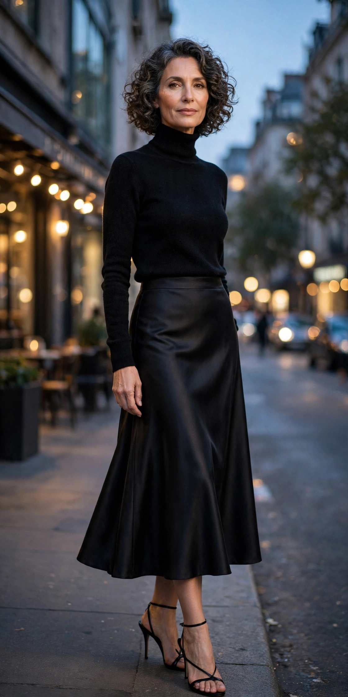 Woman over 50 in a black turtleneck with a black satin midi skirt for evening